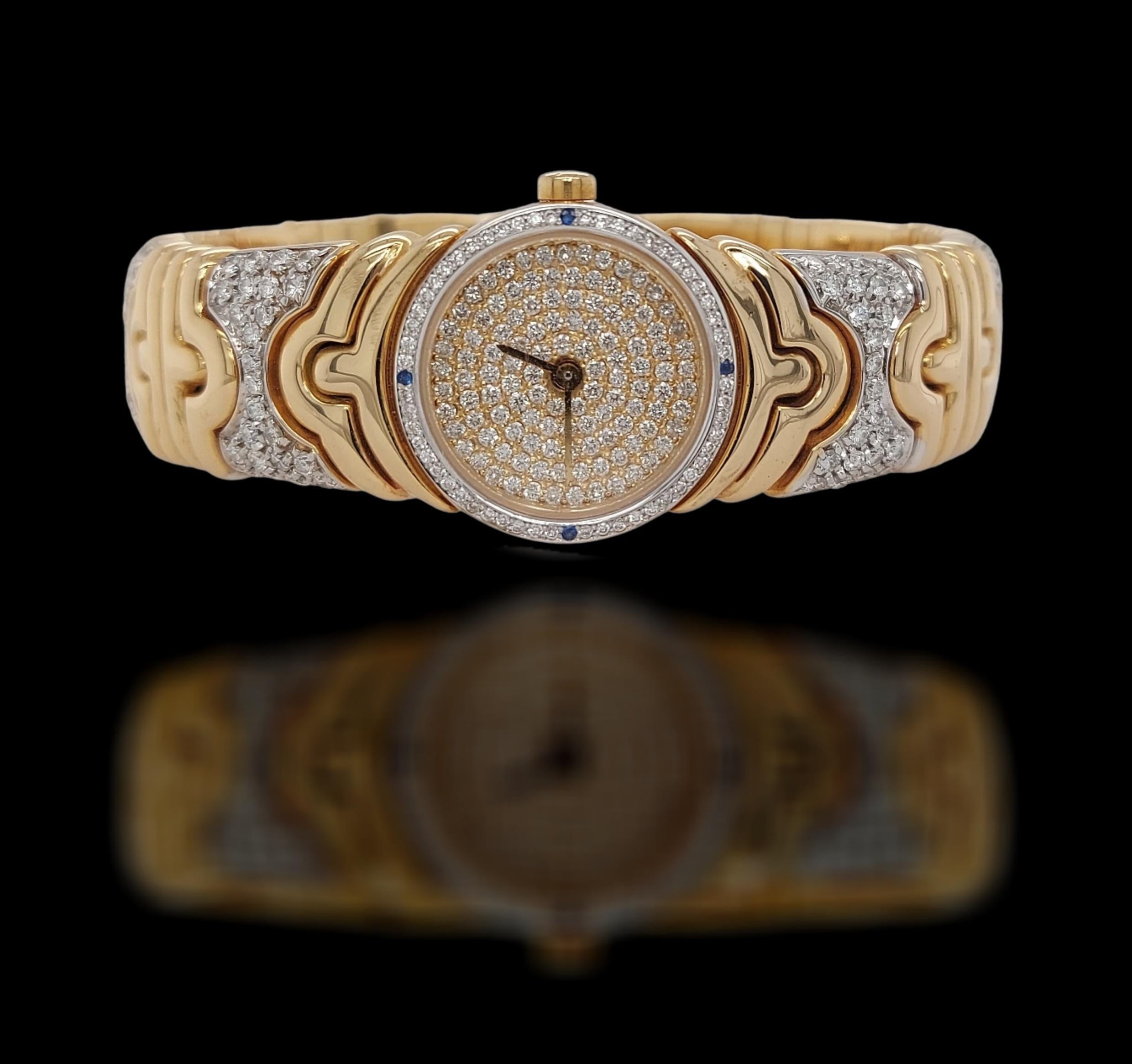 Impressive 18kt yellow gold Parentesi watch bracelet by Bvlgari, decorated with a total of approx. 4ct in diamonds on bracelet and dial with Quartz movement.

Movement: Quartz movement

Case: Diameter 20mm, thickness 5.6mm

Dial: The dial is