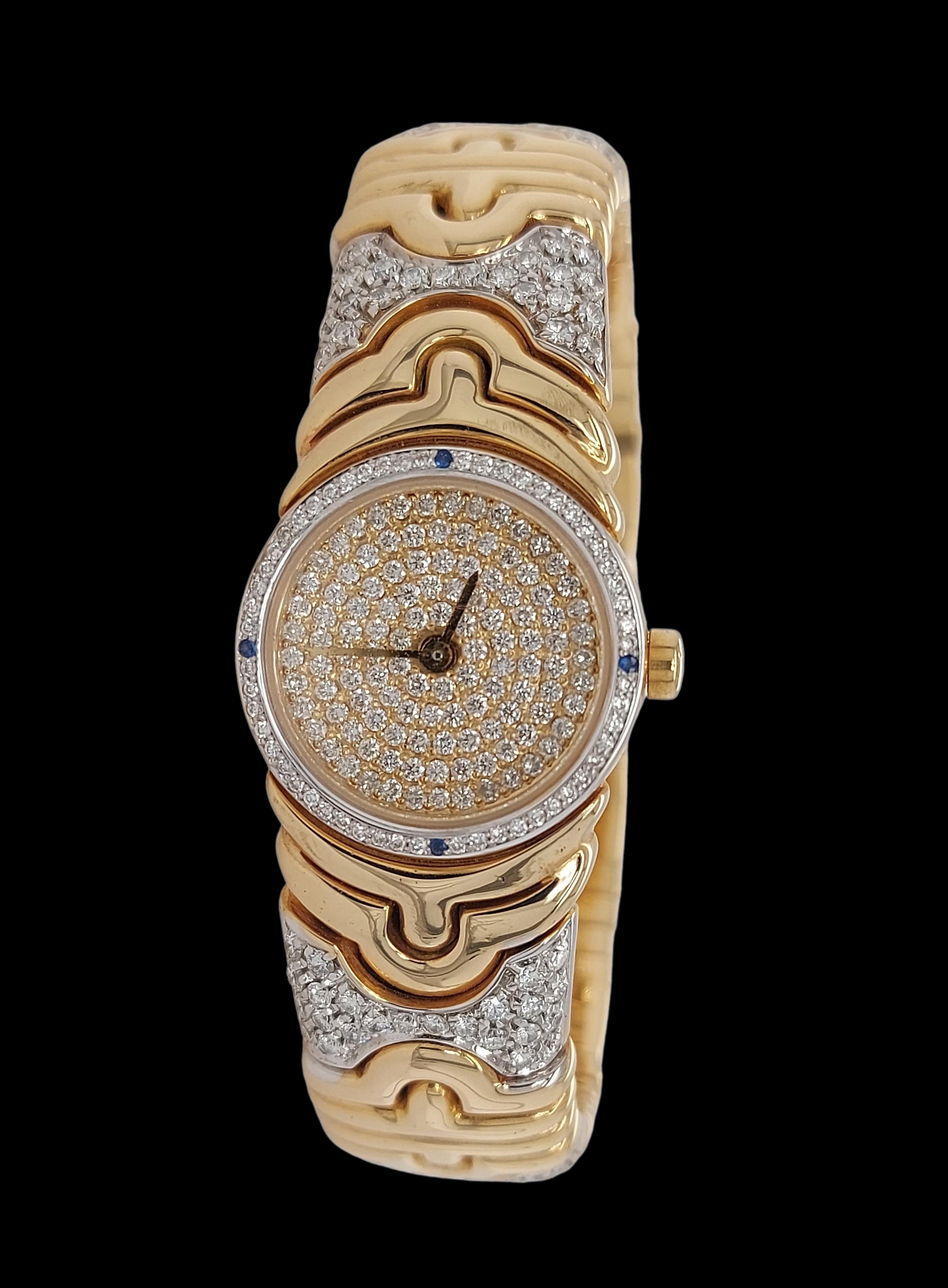 Taille ronde Bulgari Montre Parentesi en or jaune 18 carats avec mouvement en quartz et diamants en vente