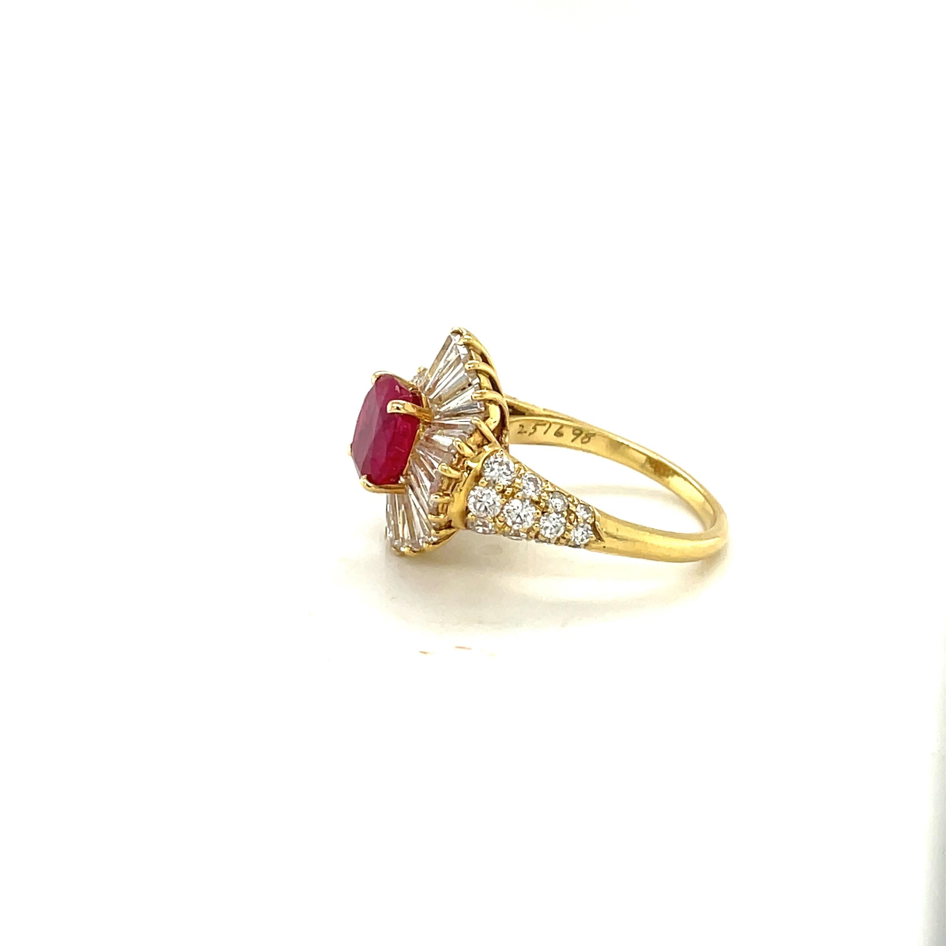 Retro 18 Karat Yellow Gold Burmese 2.52 Carat Ruby and 3.64 Carat Diamond Ring For Sale