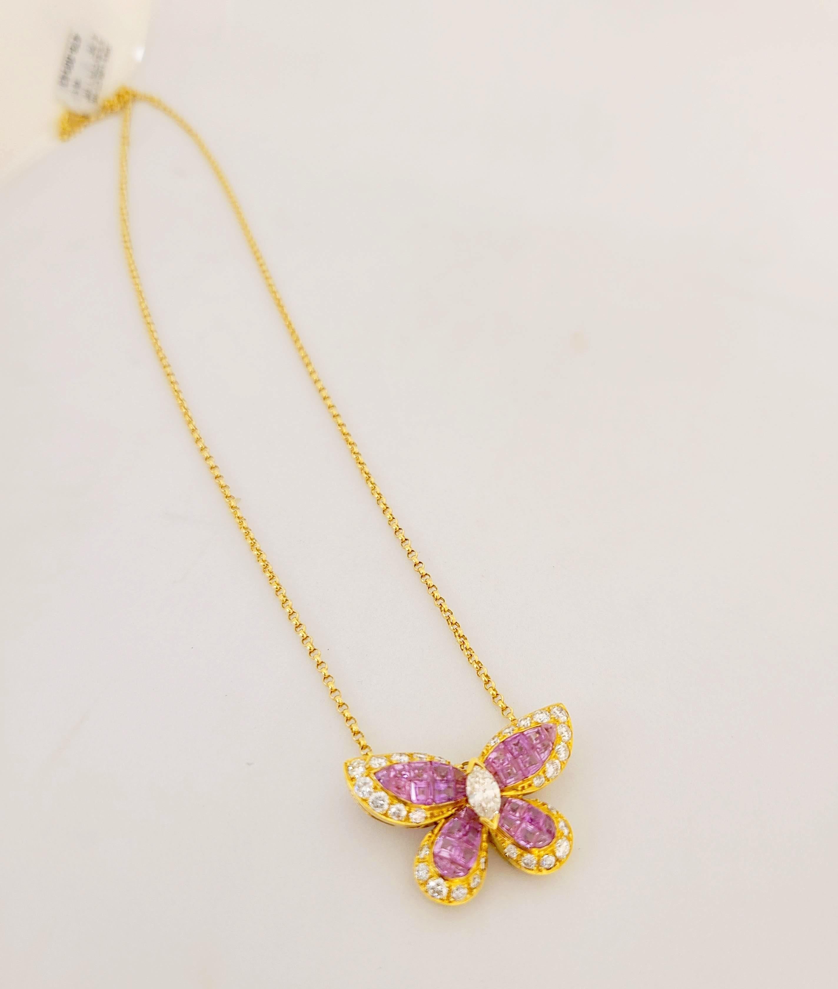 Contemporary 18 Karat Gold Butterfly Pendant Invisibly Set with 5.53 Carat Pink Sapphires For Sale