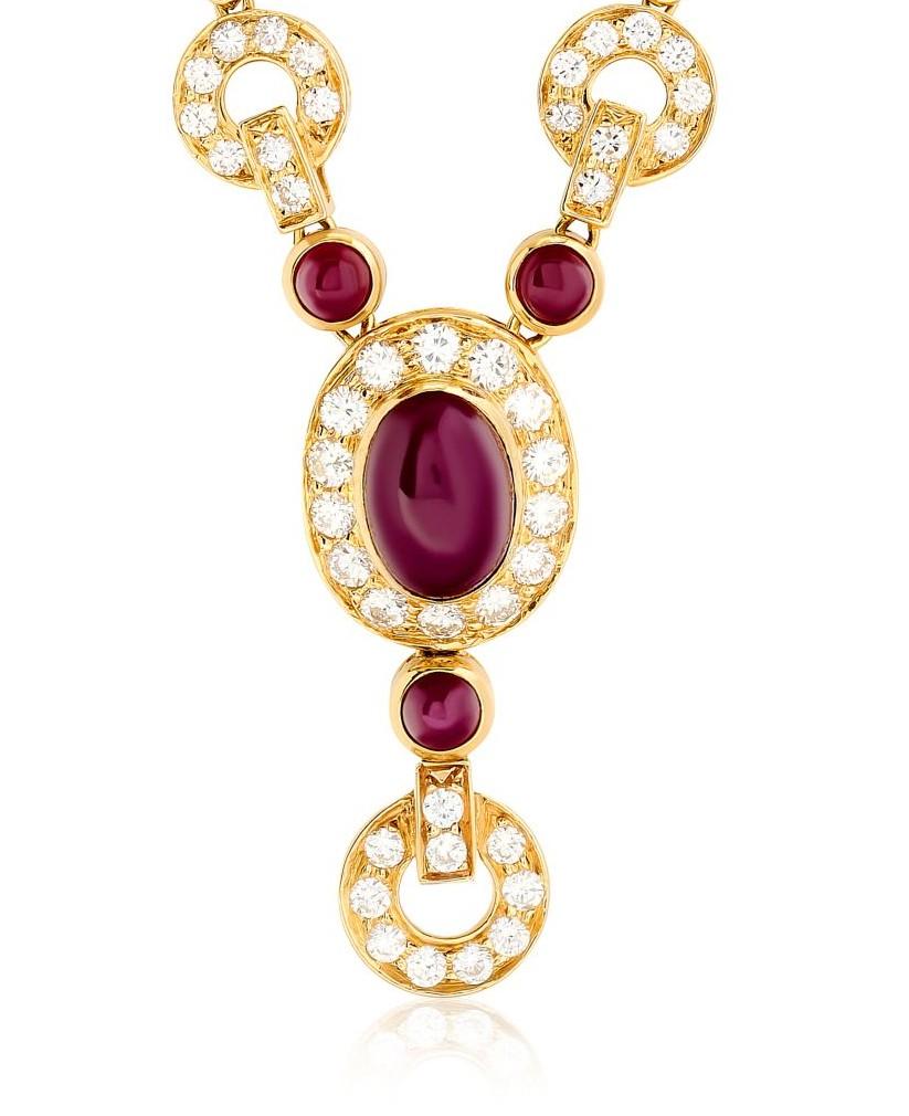 18kt Gelbgold Cabochon Rubin & Diamant Halskette - 8,90 Karat Gesamtgewicht Damen im Angebot