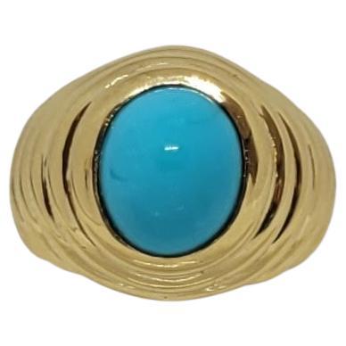 18kt Yellow Gold Cabochon Turquoise Ring, Pinky, Ribbed Dome, Size 3, 10.9 grams