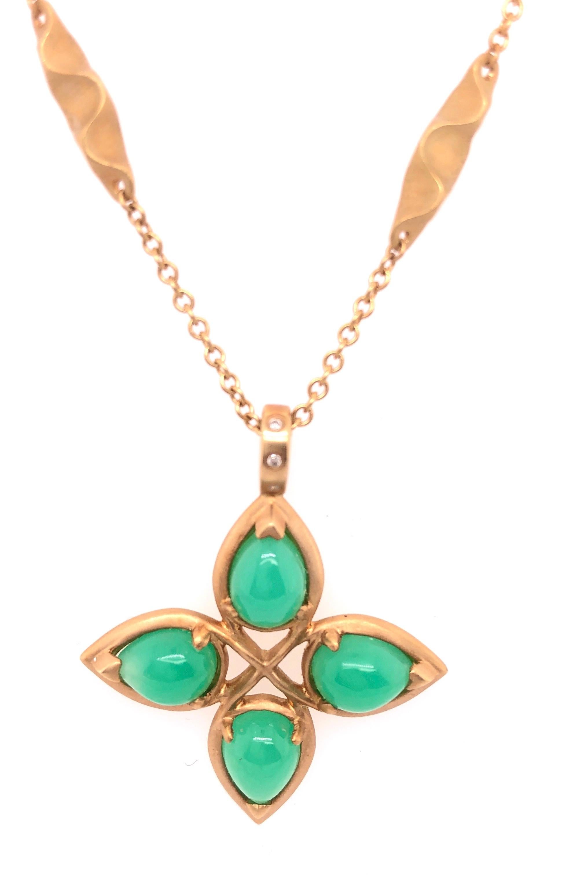 18Kt Yellow Gold Caleo Chrysoprase Pendant Necklace. Handmade Brooklyn NY. 

Prov. A Greenwich Ct Lady
Betteridge Jewelers Greenwich Ct. 