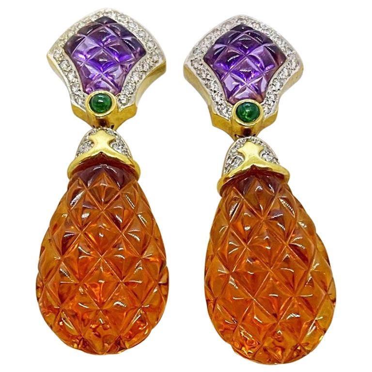 18kt Yellow Gold Carved Citrine and Amethyst, 0.79ct Diamond Pineapple Earrings For Sale
