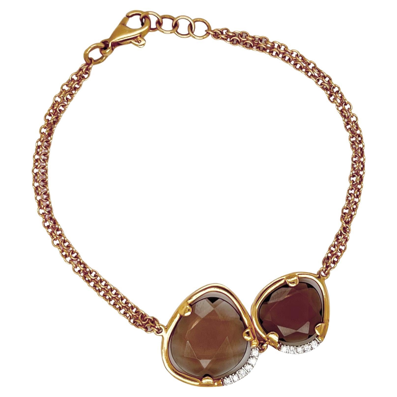 18Kt Yellow Gold Chain Bracelet with Smoky Quartz faceted gems and Diamonds For Sale