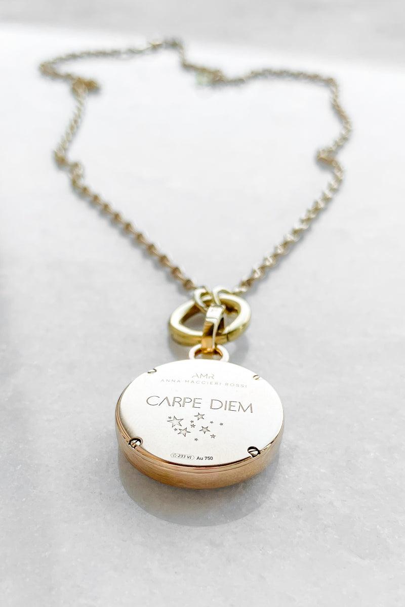Contemporary 18kt Yellow Gold Charm Pendant and Openable Clasps - Blue Aventurine Glass  Disc For Sale
