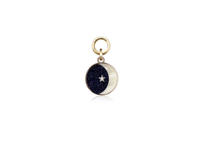 Contemporary 18Kt Yellow Gold Charm with Blue Aventurine, White Gold 18kt Star and Diamond For Sale