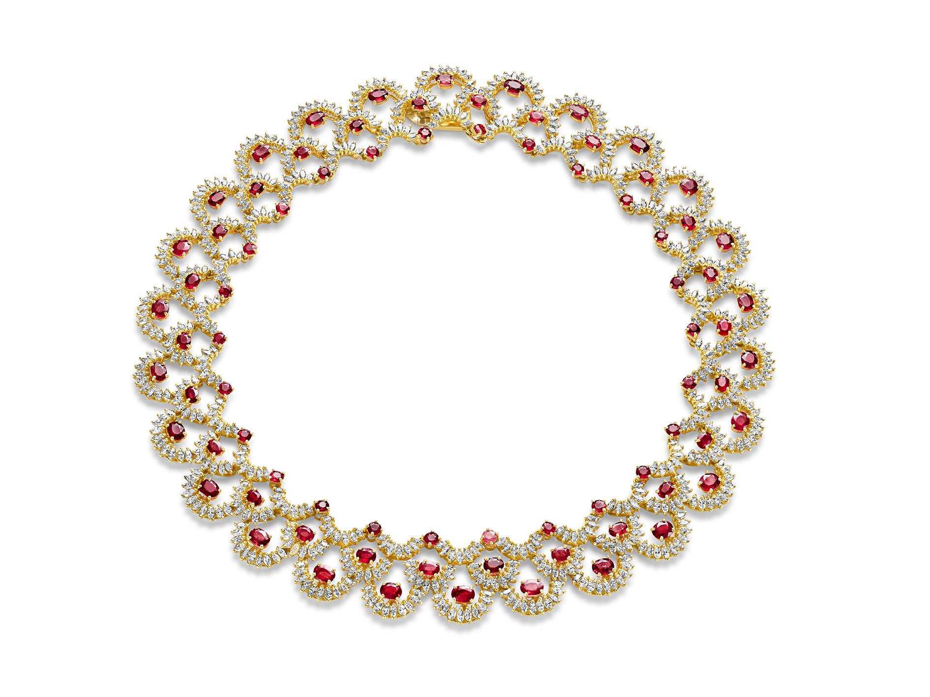 Artisan 18kt Yellow Gold Choker Necklace 27ct. Rubies & 23ct. 676° Marquise Cut Diamonds For Sale