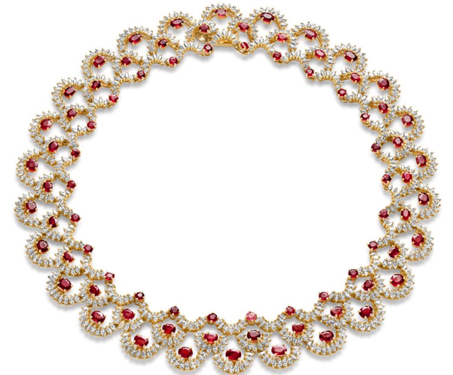 Stunning 18 kt. Yellow Gold Choker necklace With 27 ct. Rubies and 36 ct. Marquise Cut Diamonds, Estate Sultan of Oman Qaboos Bin Said

Ruby: 26 oval cut rubies 5.7 mm x 4.2 mm together 13 ct. 
26 oval cut rubies 4.6 mm x 3.5 mm together 9.1 ct.
26