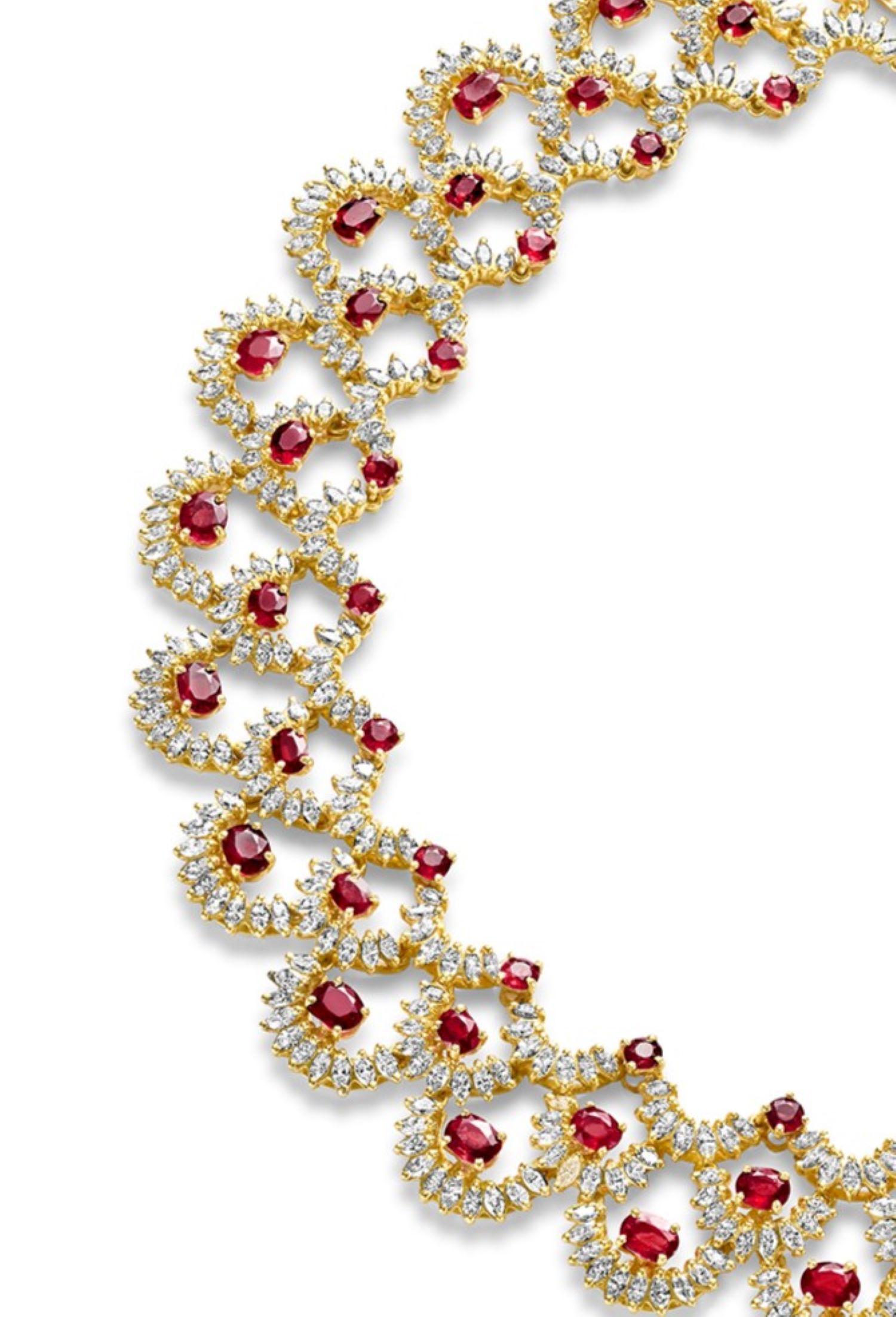 18kt Yellow Gold Choker Necklace 27ct. Rubies & 23ct. 676° Marquise Cut Diamonds For Sale 1