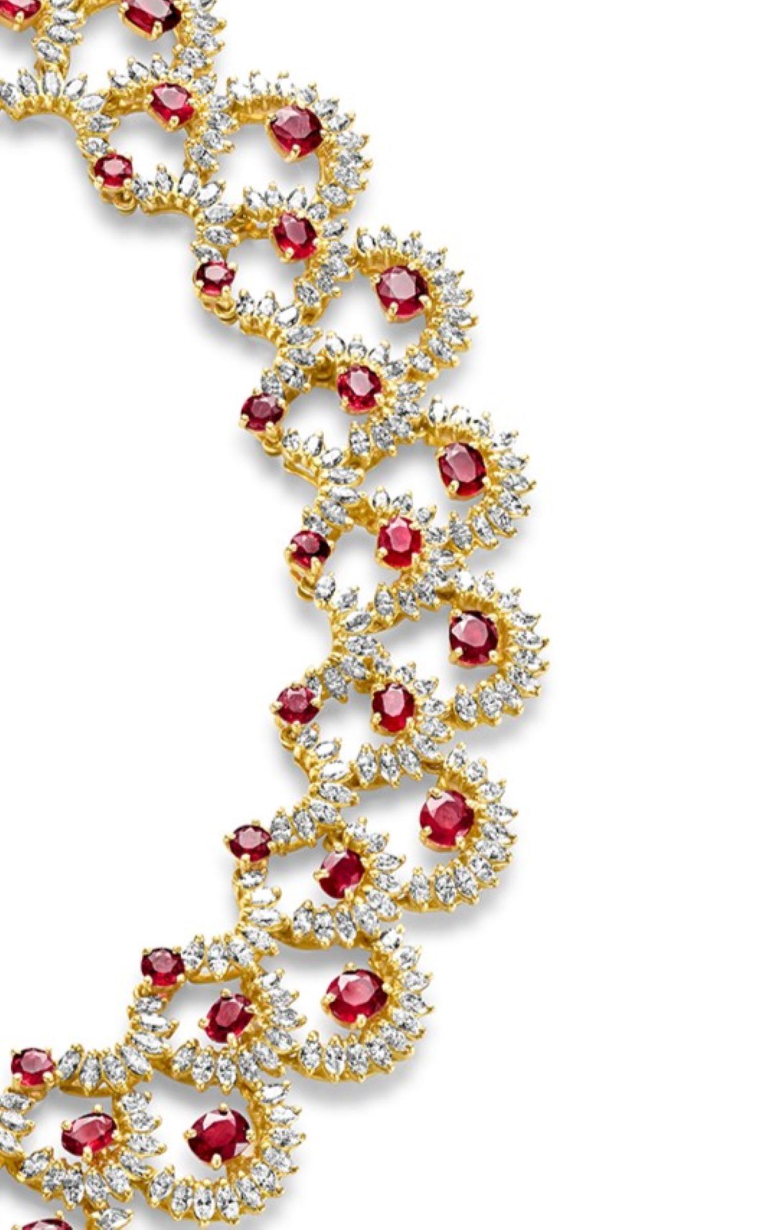 18kt Yellow Gold Choker Necklace 27ct. Rubies & 23ct. 676° Marquise Cut Diamonds For Sale 2