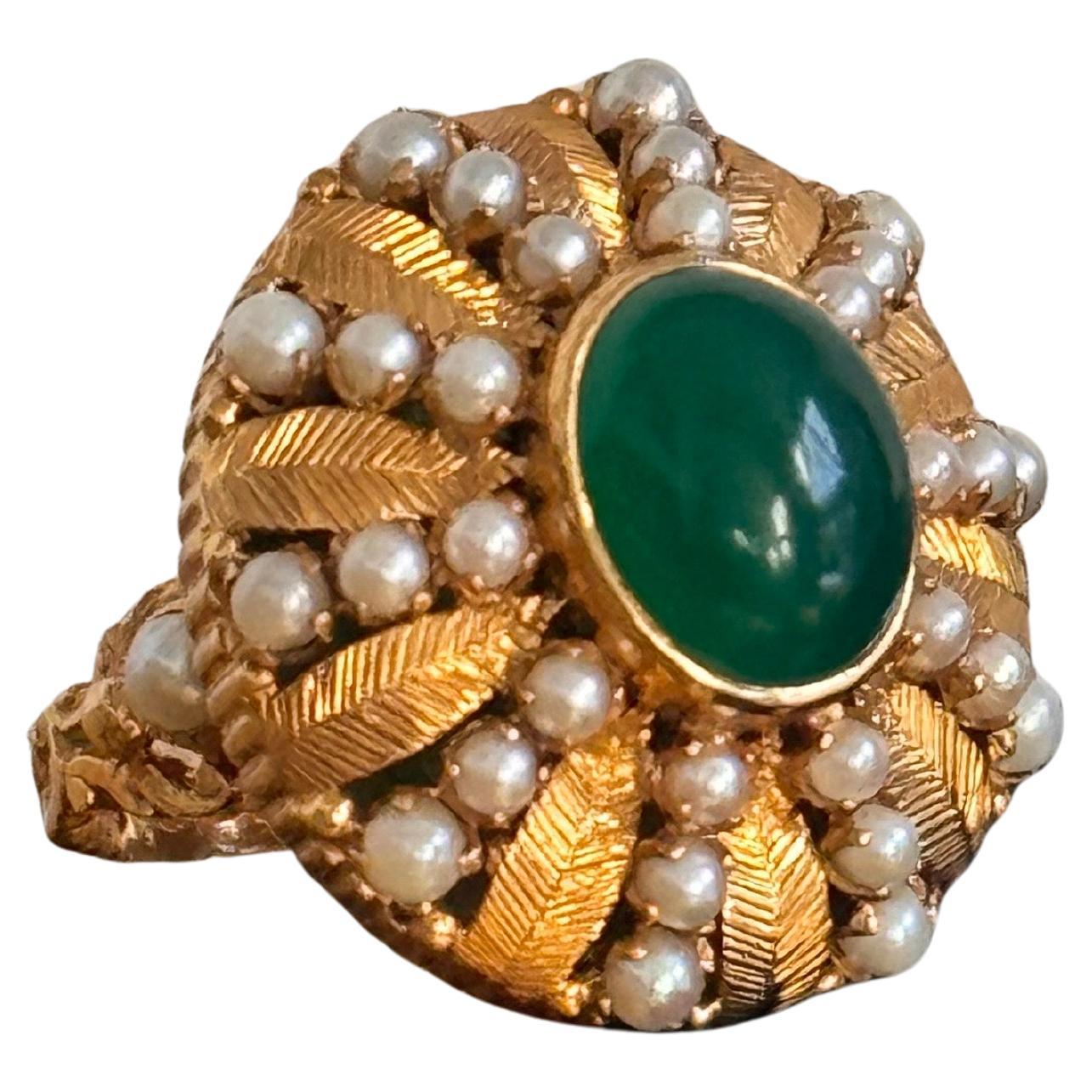 18kt Yellow Gold Chrysoprase, Pearl, and Leaf Motif Ring