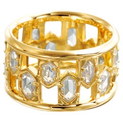 18kt Yellow Gold Wide Band Ring with White Hexagonal Fine Rose Cut Diamonds