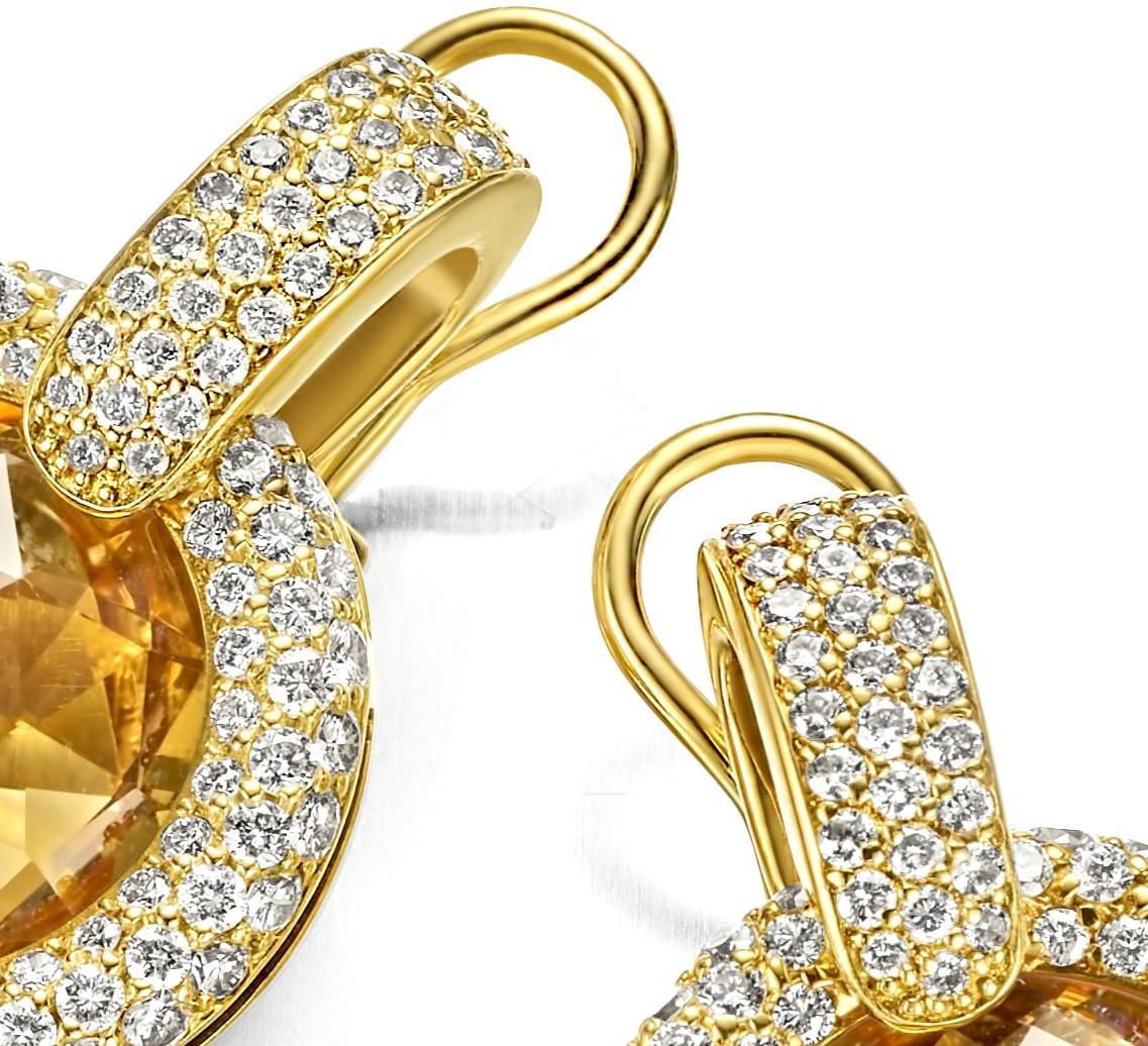 Artisan 18 Karat Yellow Gold Clip-On Earrings with 20.02 Carat Citrines Stones, Diamonds For Sale