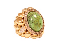 18kt Yellow Gold Clustered Mattioli Ring, with Big Green Stone & 3.2ct Diamonds
