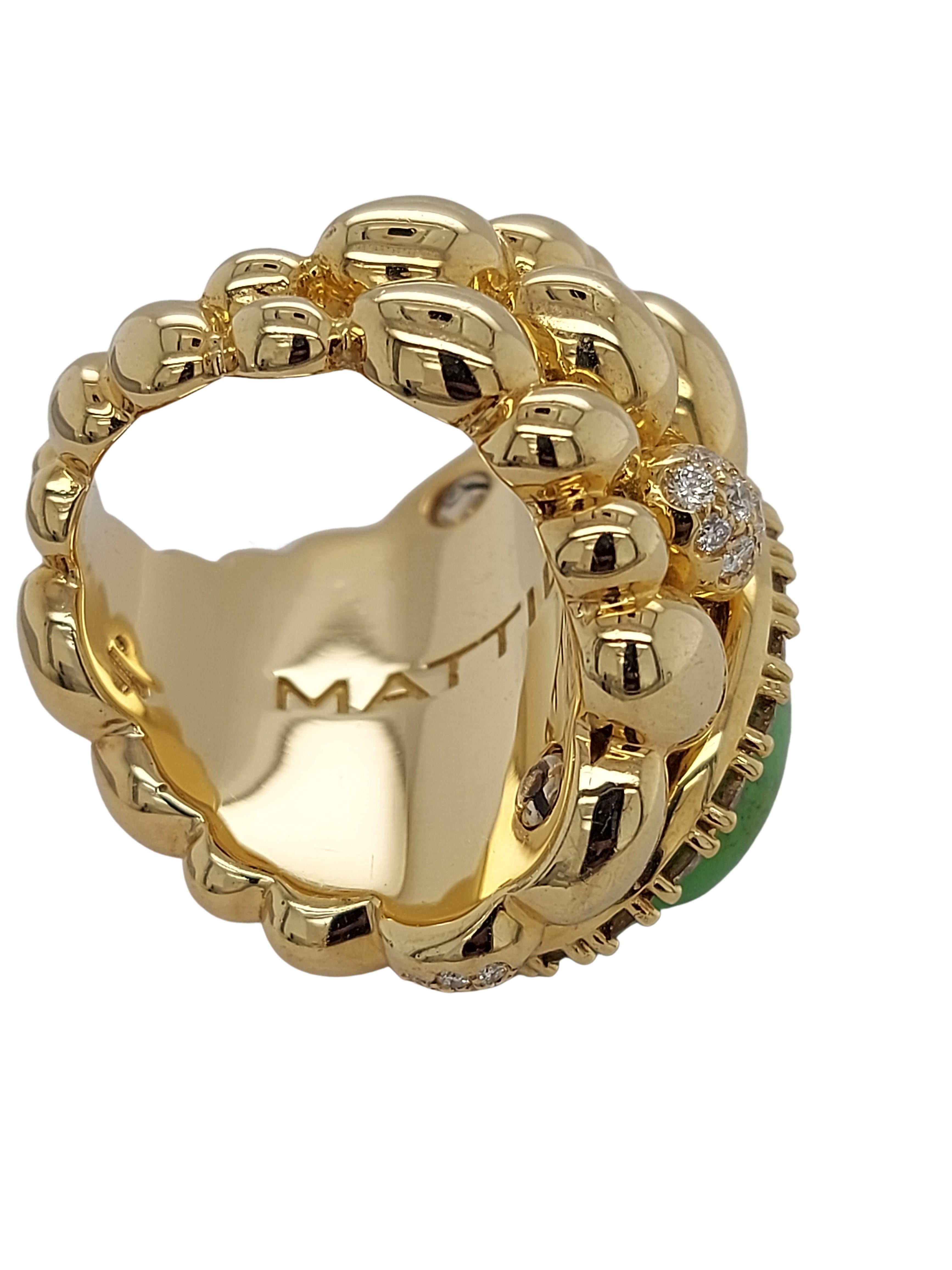 Women's or Men's 18kt Yellow Gold Clustered Mattioli Ring, with Big Green Stone & 3.2ct Diamonds