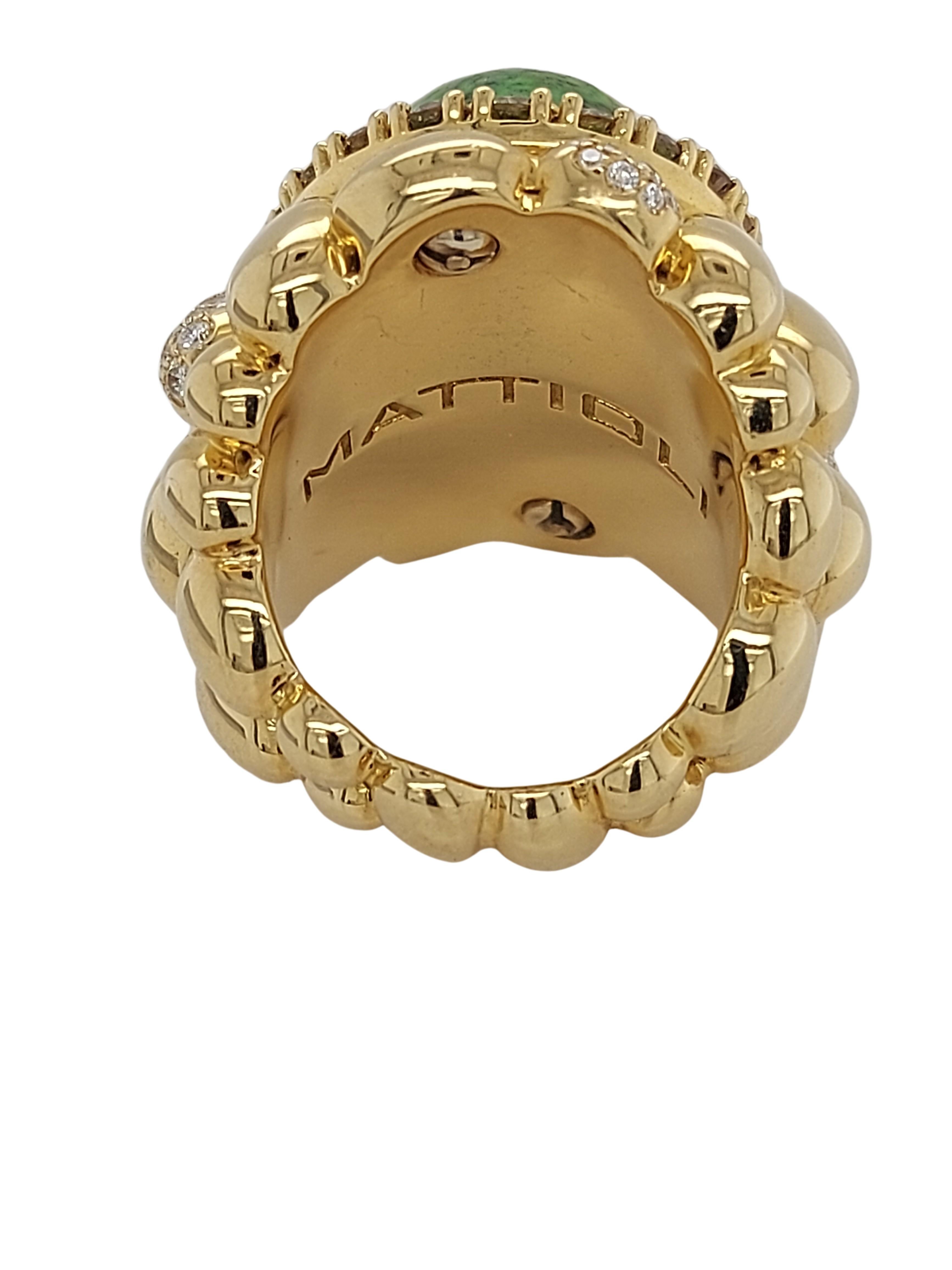 18kt Yellow Gold Clustered Mattioli Ring, with Big Green Stone & 3.2ct Diamonds 1
