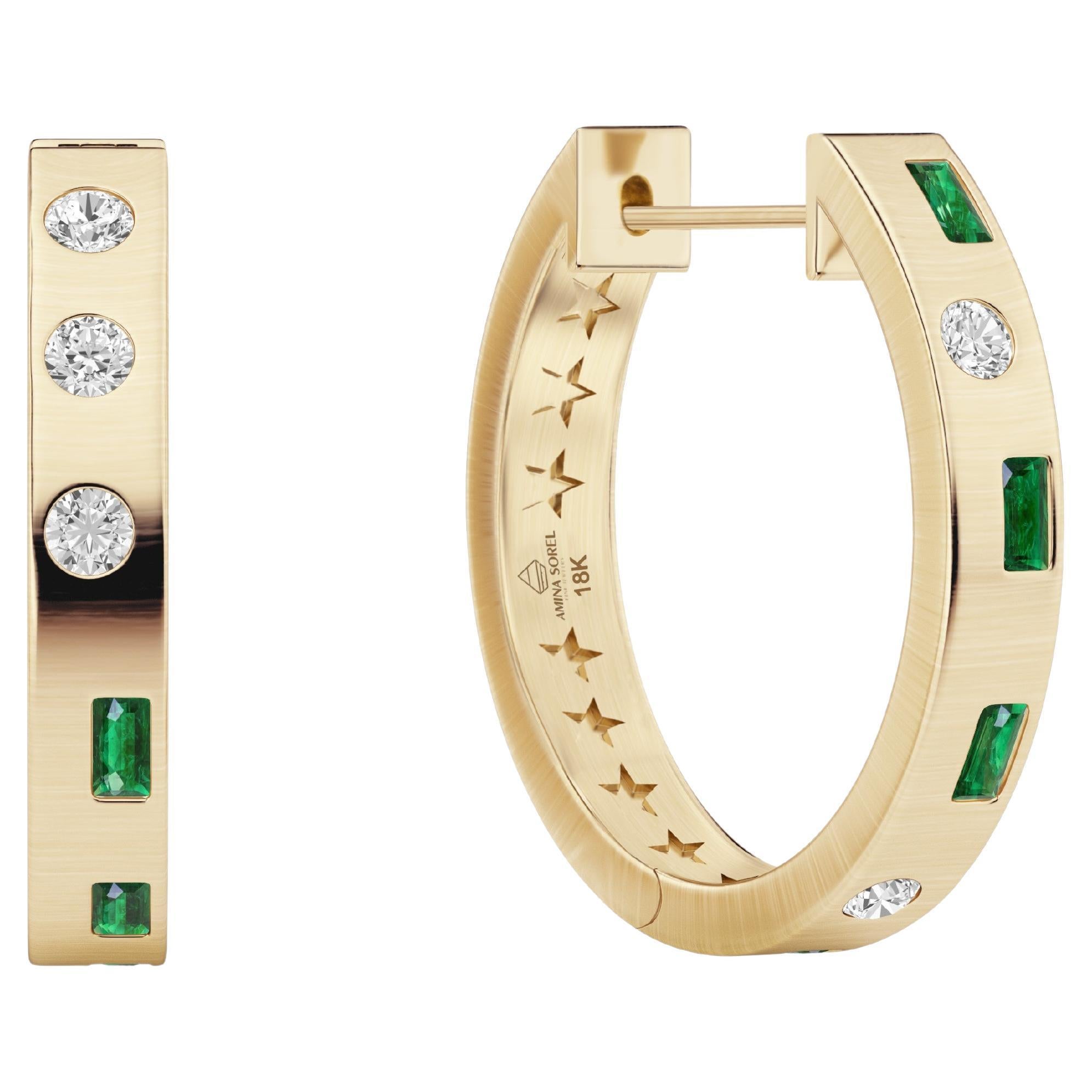 Amina Sorel 18kt Gold Columbian Emerald & Diamond 'Morse Code' Hoop Earrings For Sale