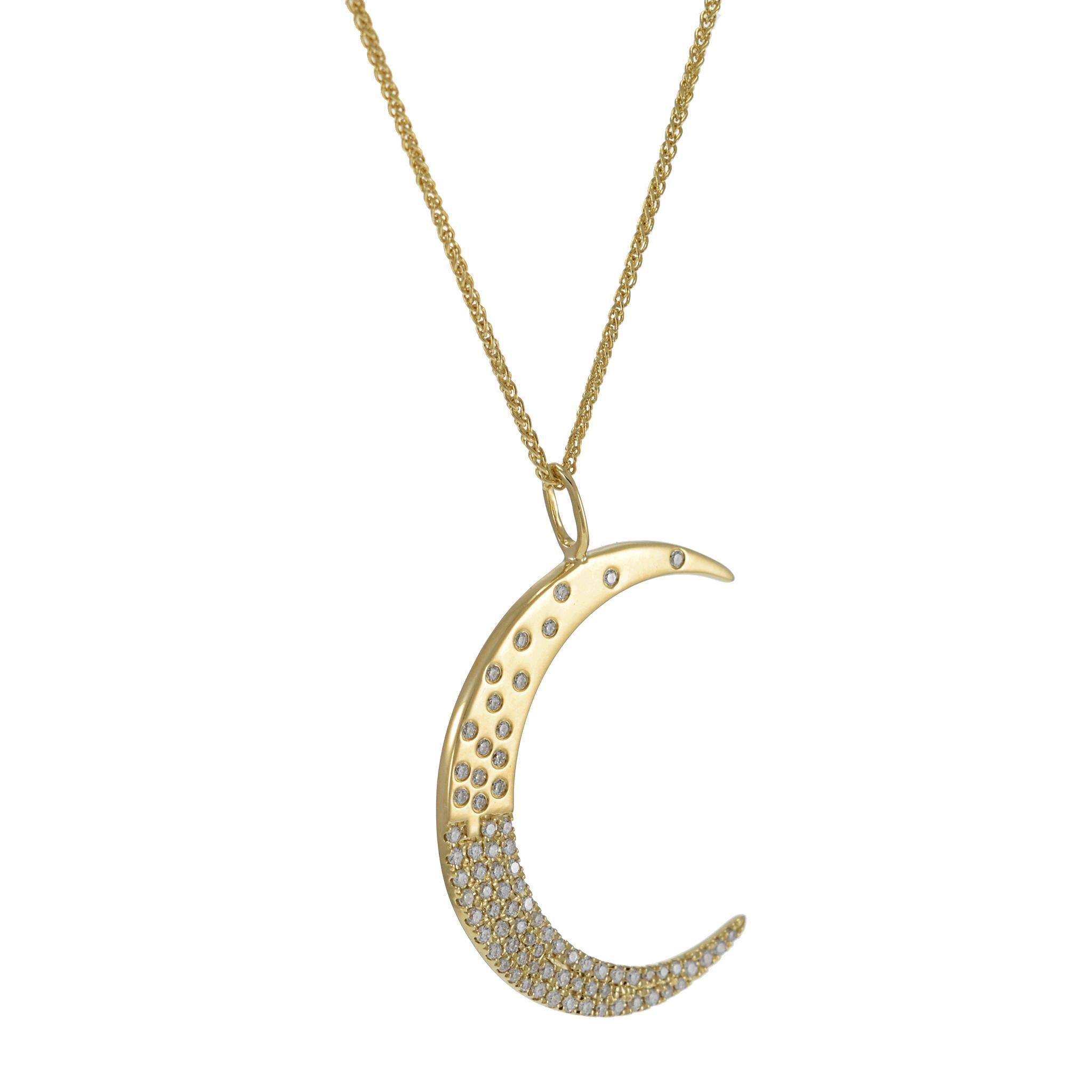 A beautifully crafted 18KT yellow gold crescent moon pendant, adorned with 0.23CT-TW of round-cut diamonds, adding a subtle brilliance to its celestial design. Suspended from a matching 18KT yellow gold chain, this elegant piece symbolizes guidance