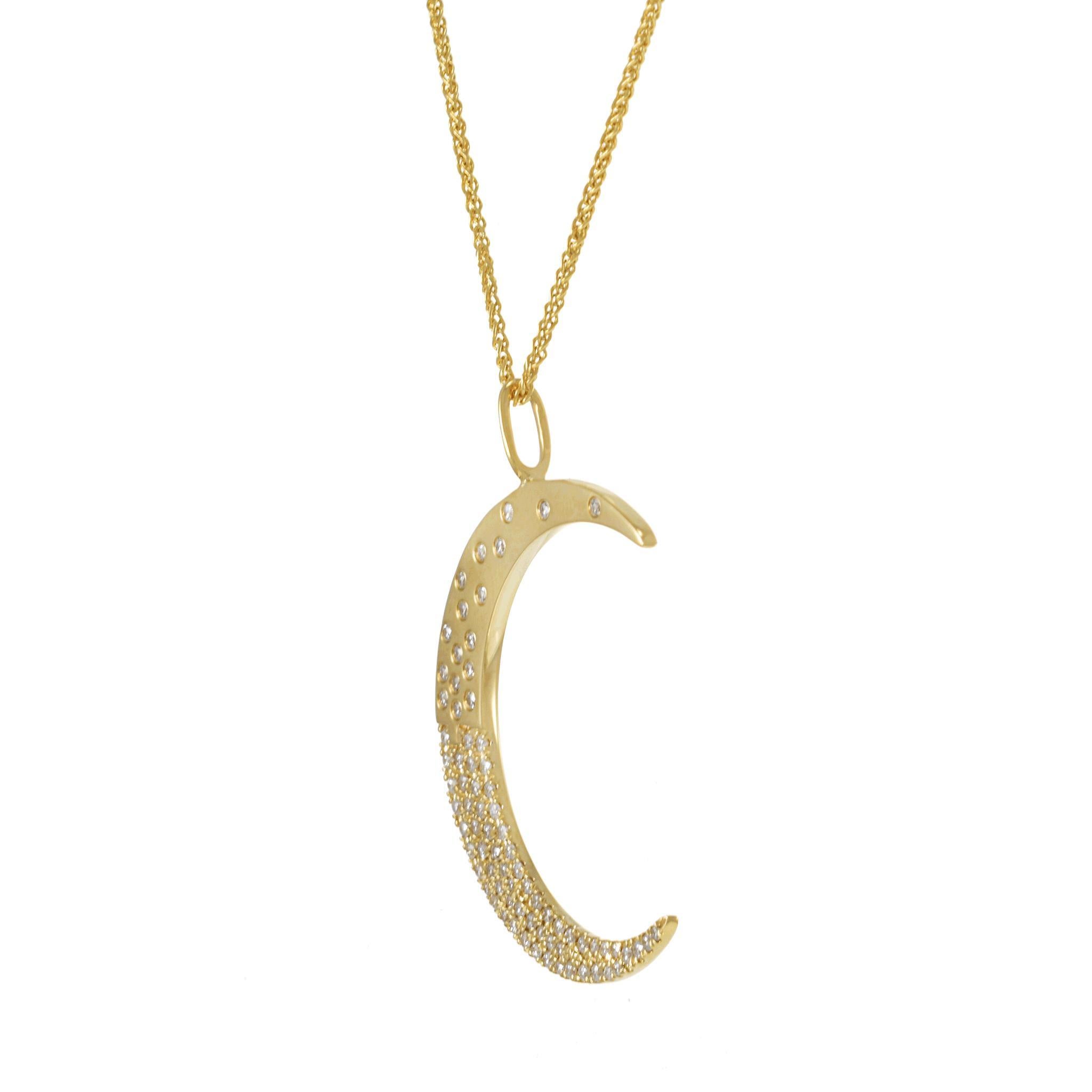 Round Cut 18KT Yellow Gold Crescent Moon Diamond Pendant with Chain For Sale