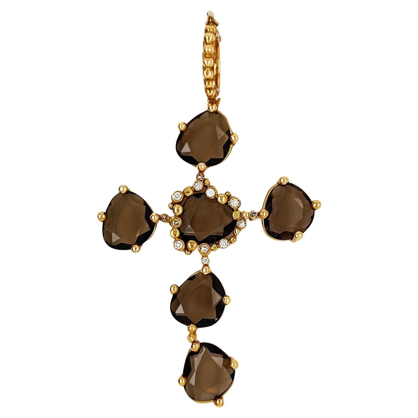 18kt Yellow Gold Cross pendant with smoky quartz and natural diamonds For Sale