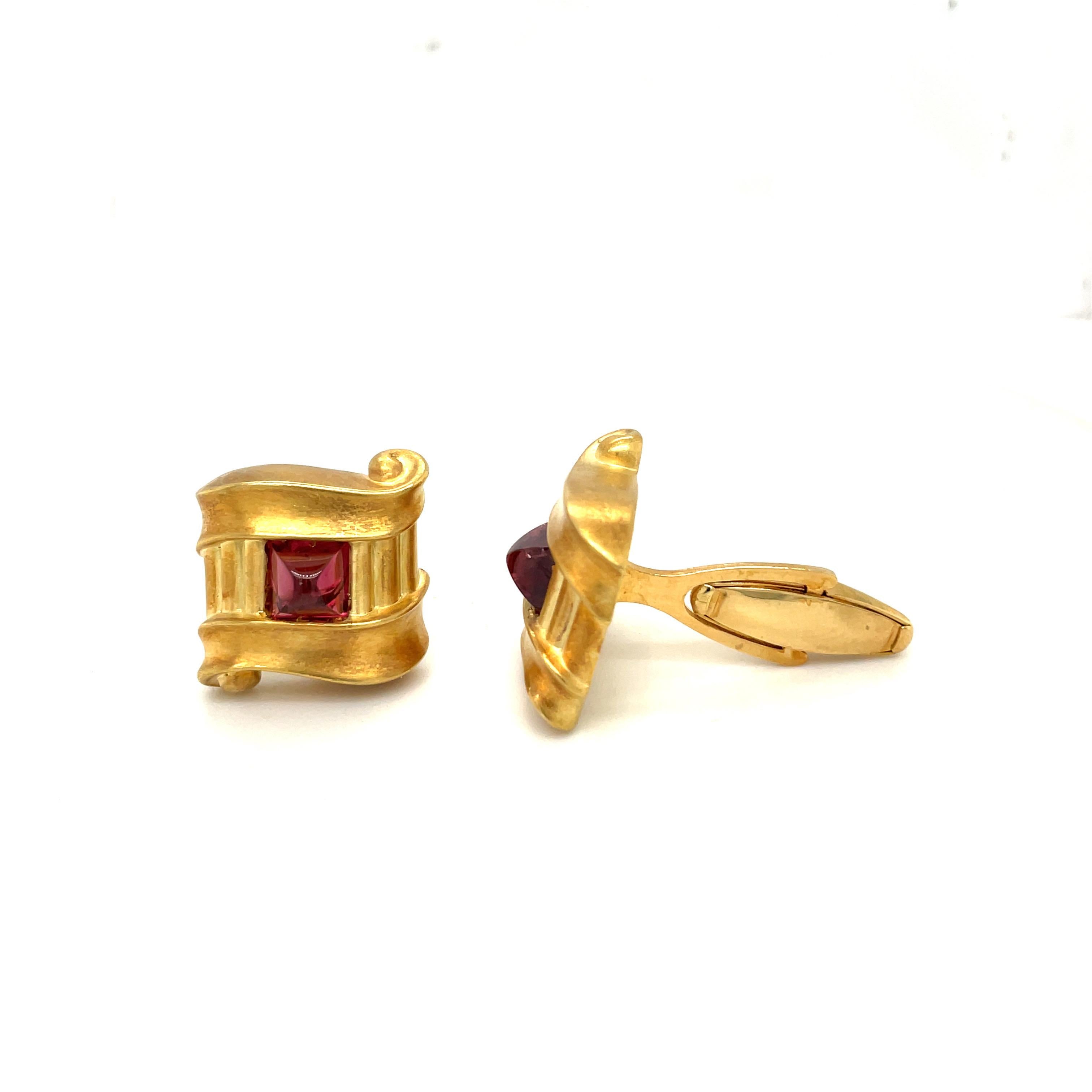 Retro 18KT Yellow Gold Cuff Links with Rhodolite Centers For Sale