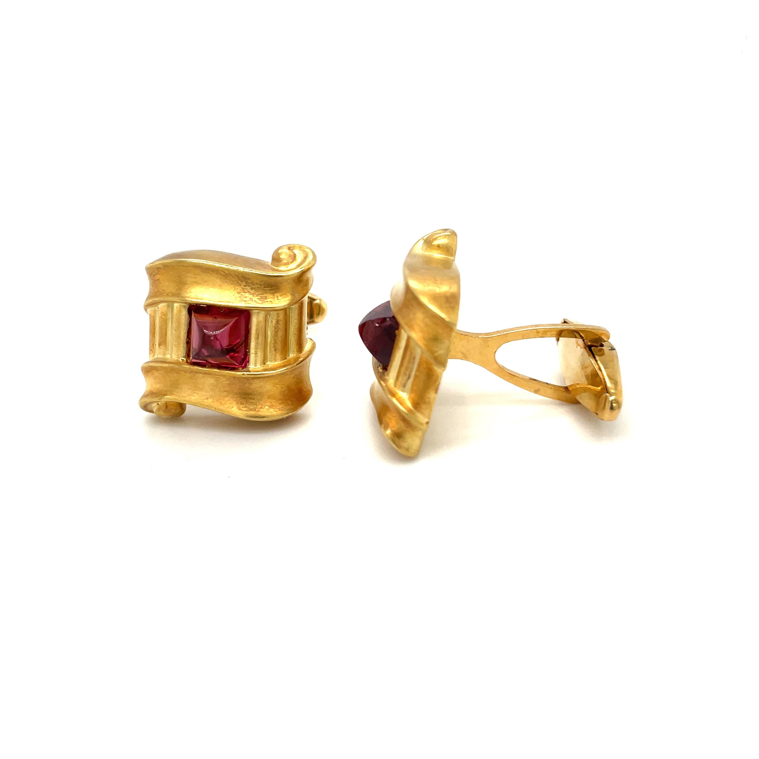 Cabochon 18KT Yellow Gold Cuff Links with Rhodolite Centers For Sale