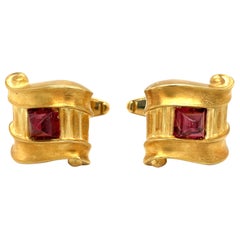 18KT Yellow Gold Cuff Links with Rhodolite Centers