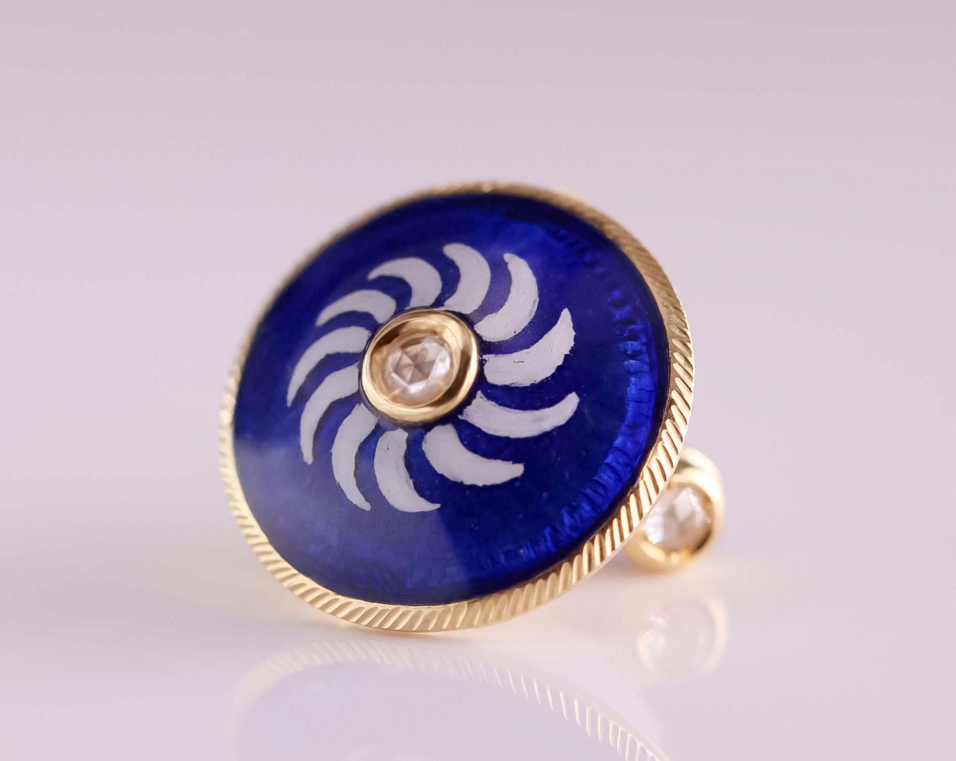 Contemporary 18kt Yellow Gold Cufflinks with Royal Blue Enamel and Rose-Cut Diamonds For Sale