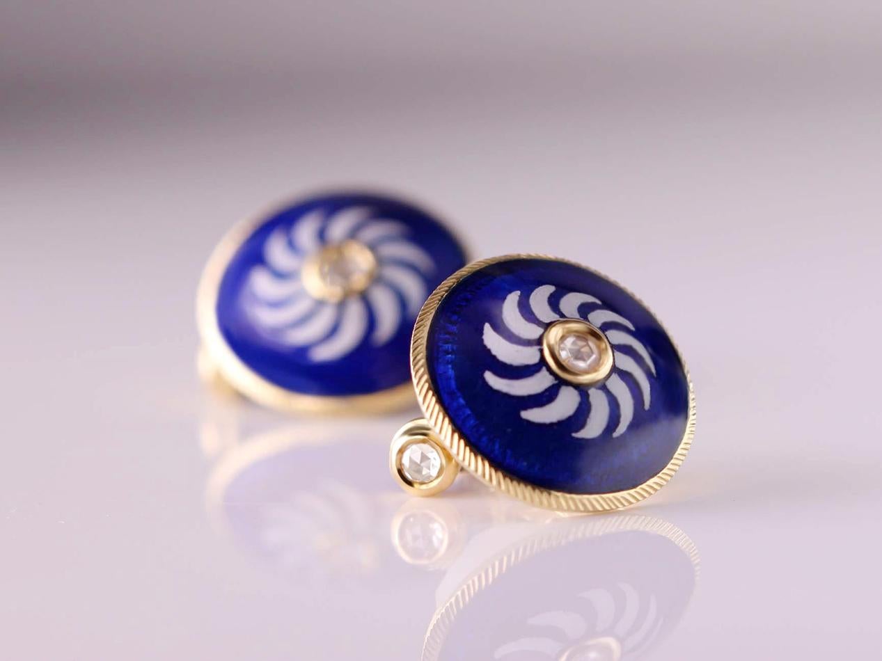 Rose Cut 18kt Yellow Gold Cufflinks with Royal Blue Enamel and Rose-Cut Diamonds For Sale