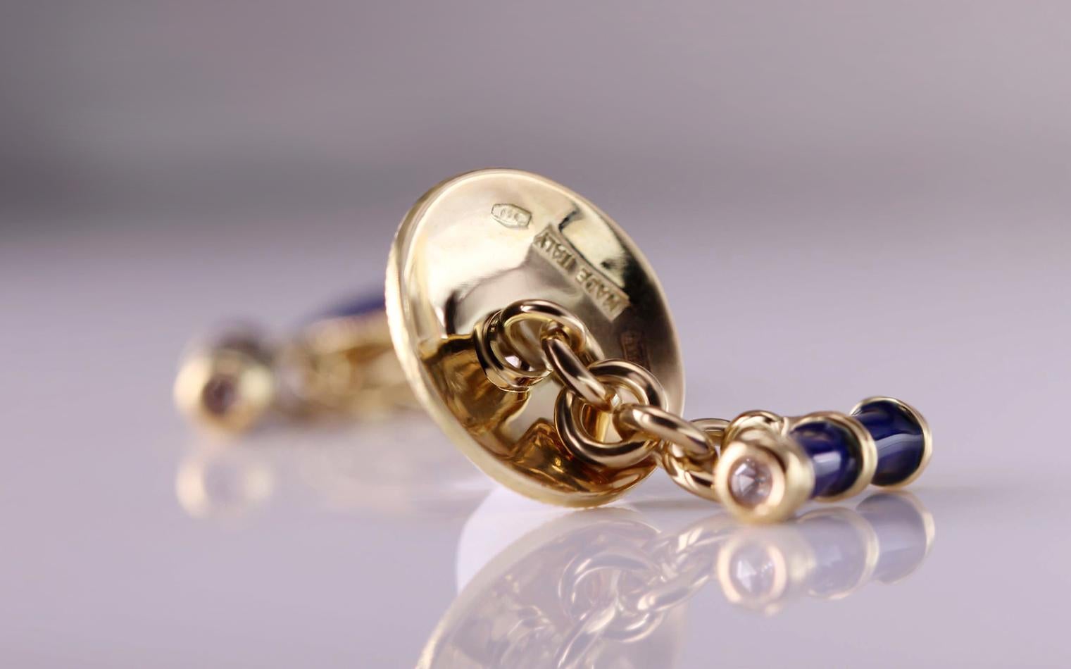 18kt Yellow Gold Cufflinks with Royal Blue Enamel and Rose-Cut Diamonds In New Condition For Sale In Lugano, CH