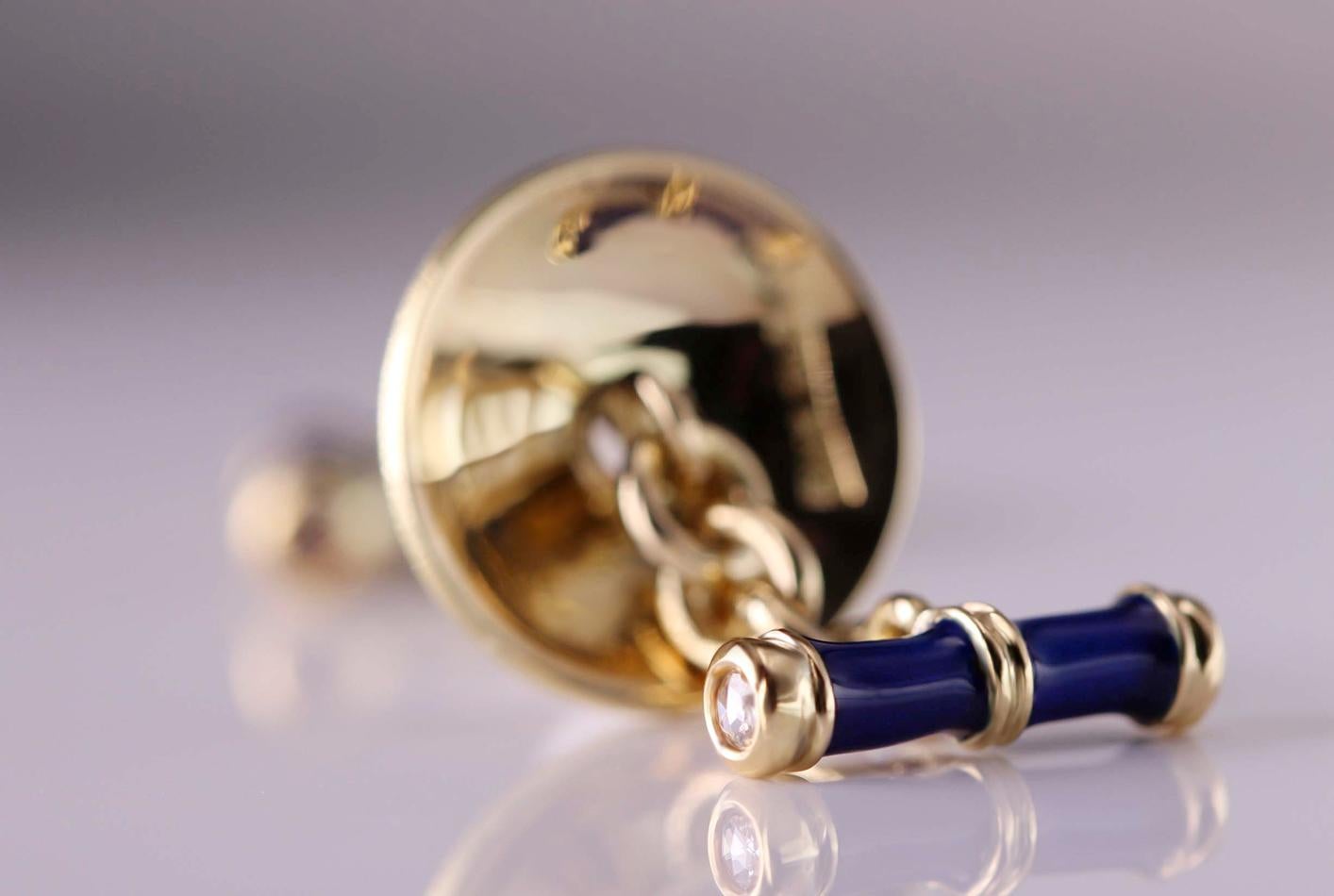 Women's or Men's 18kt Yellow Gold Cufflinks with Royal Blue Enamel and Rose-Cut Diamonds For Sale
