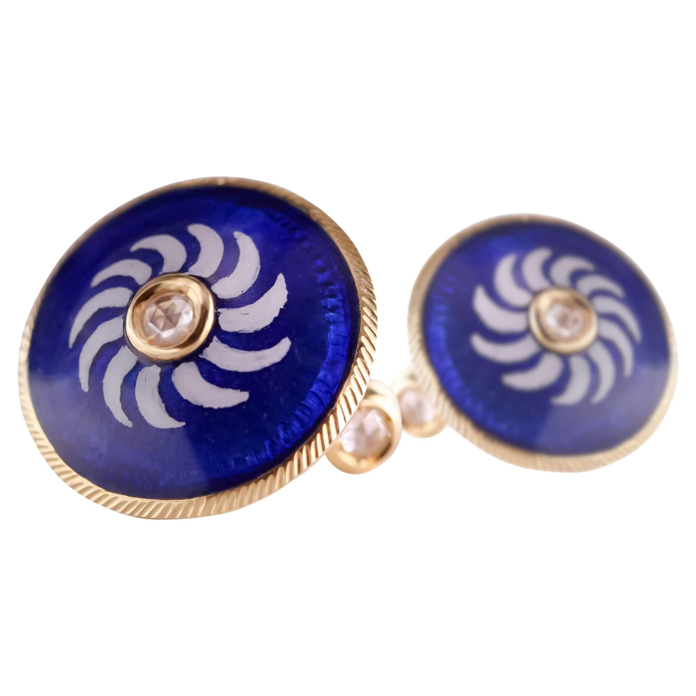 18kt Yellow Gold Cufflinks with Royal Blue Enamel and Rose-Cut Diamonds For Sale