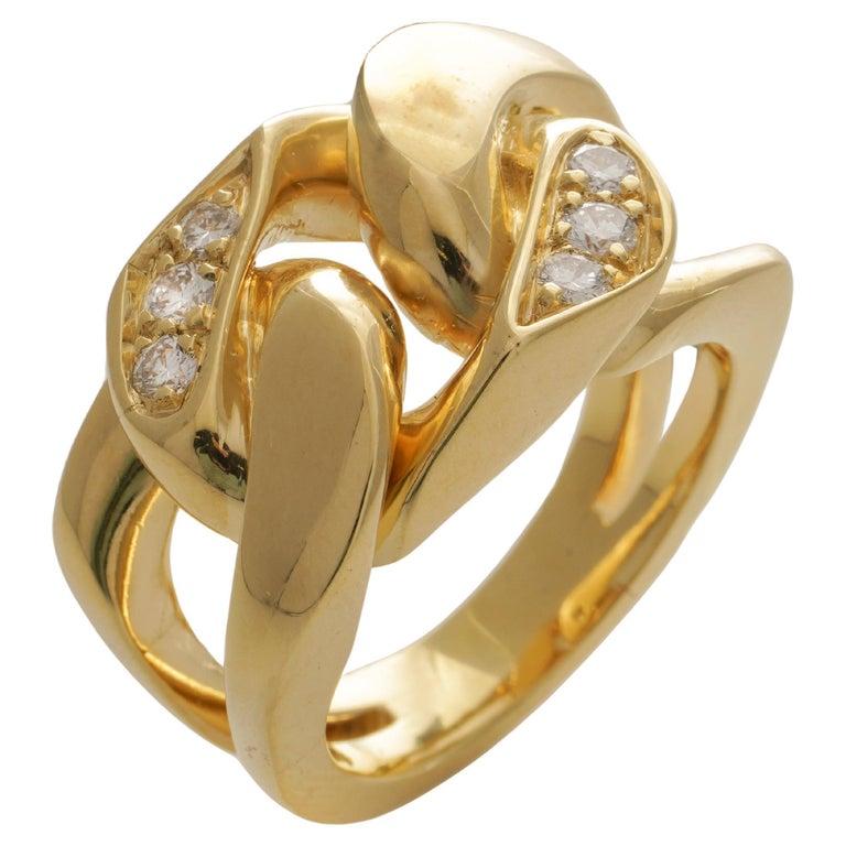 Brilliant Cut 18kt. yellow gold curb link ladies band ring with diamonds  For Sale