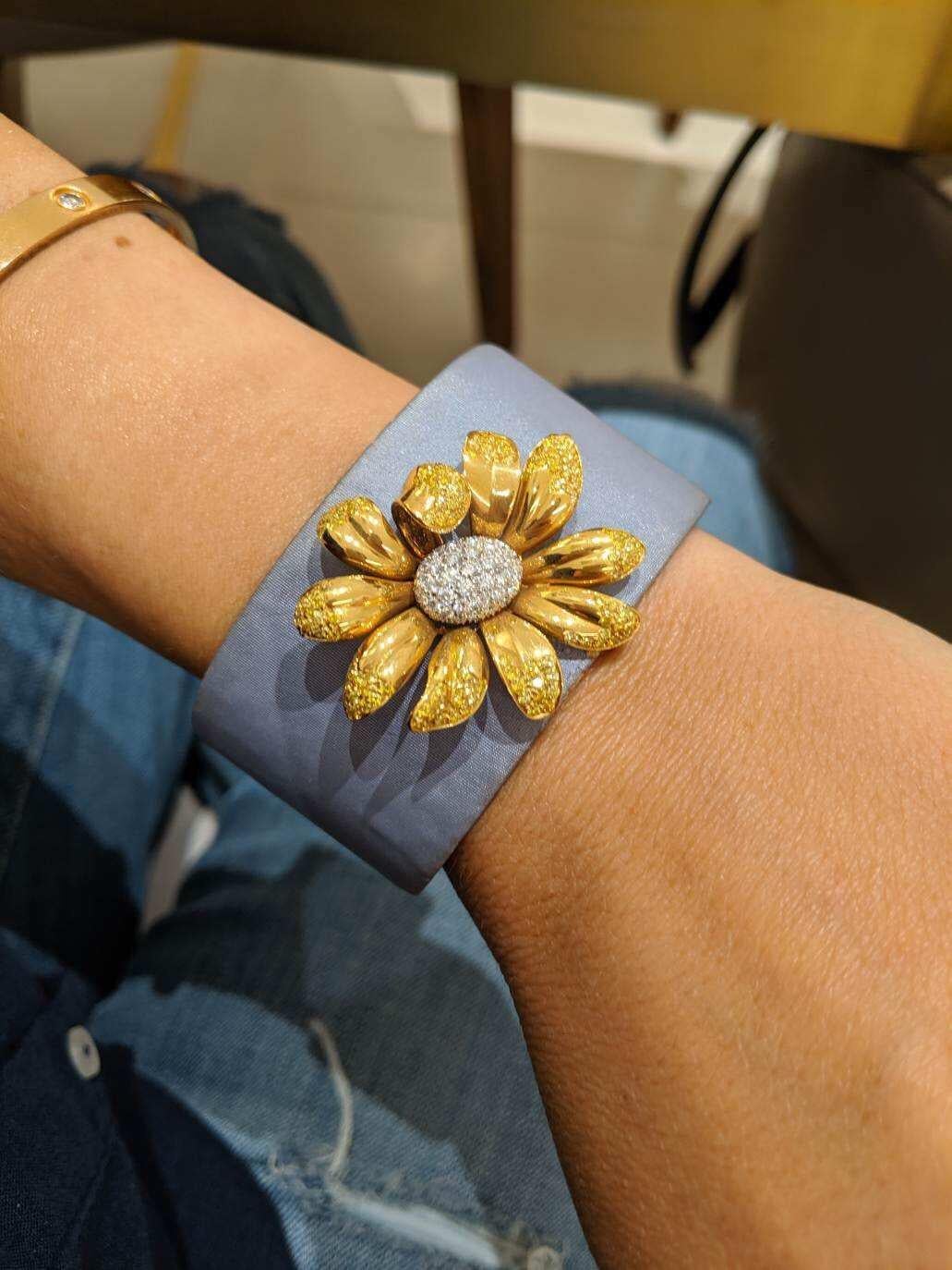 Round Cut 18Kt Gold Daisy Cuff Bracelet with 1.63 Carat Yellow & 1.17 Carat White Diamonds For Sale