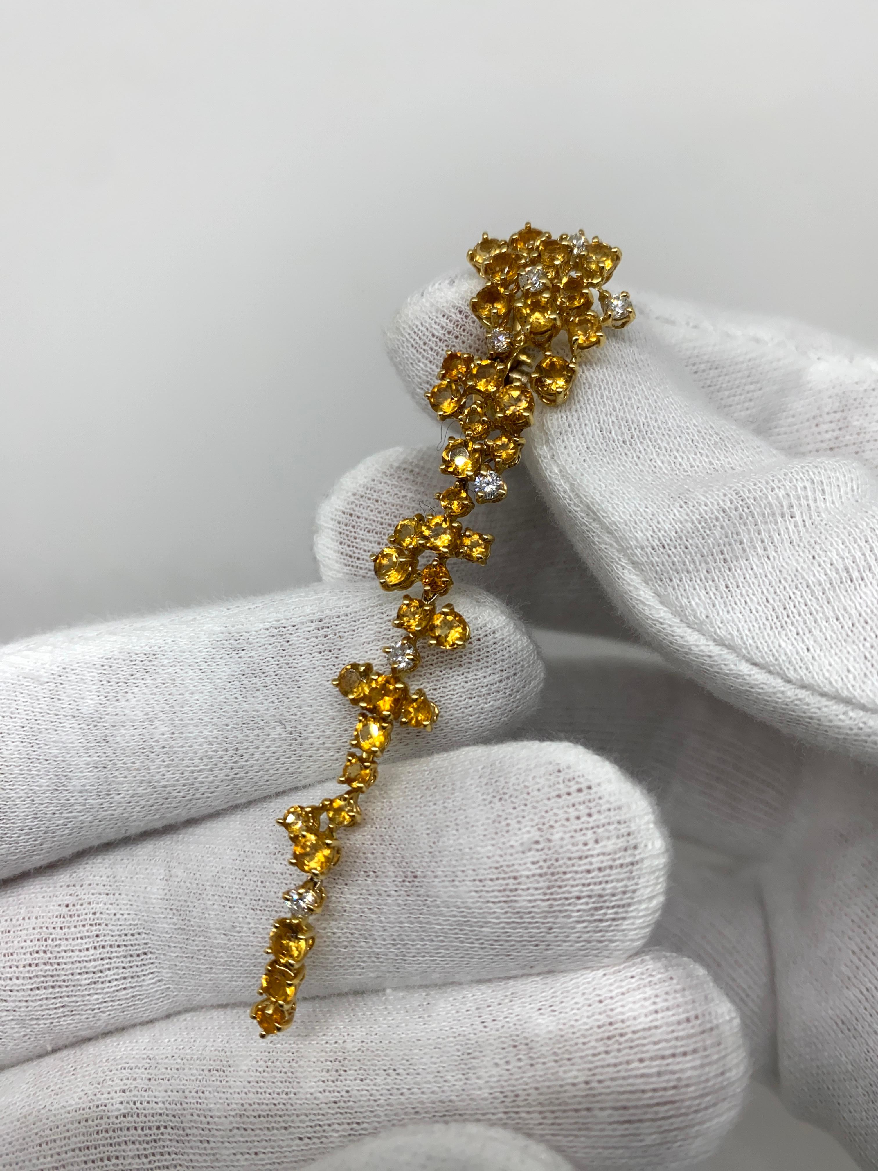 Brilliant Cut 18 Karat Yellow Gold Dangling Earrings Yellow Topazes & White Diamonds For Sale