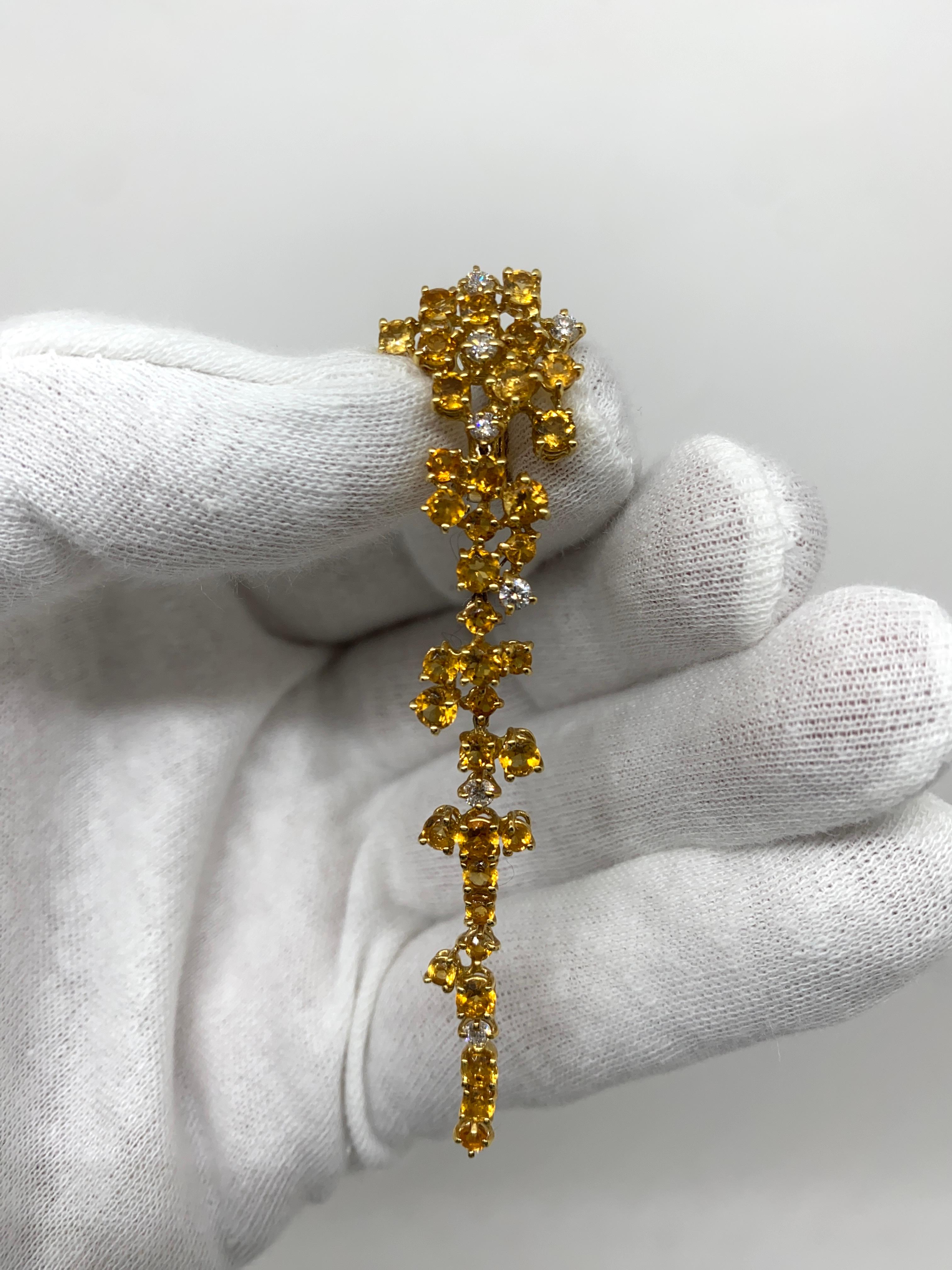 Women's 18 Karat Yellow Gold Dangling Earrings Yellow Topazes & White Diamonds For Sale