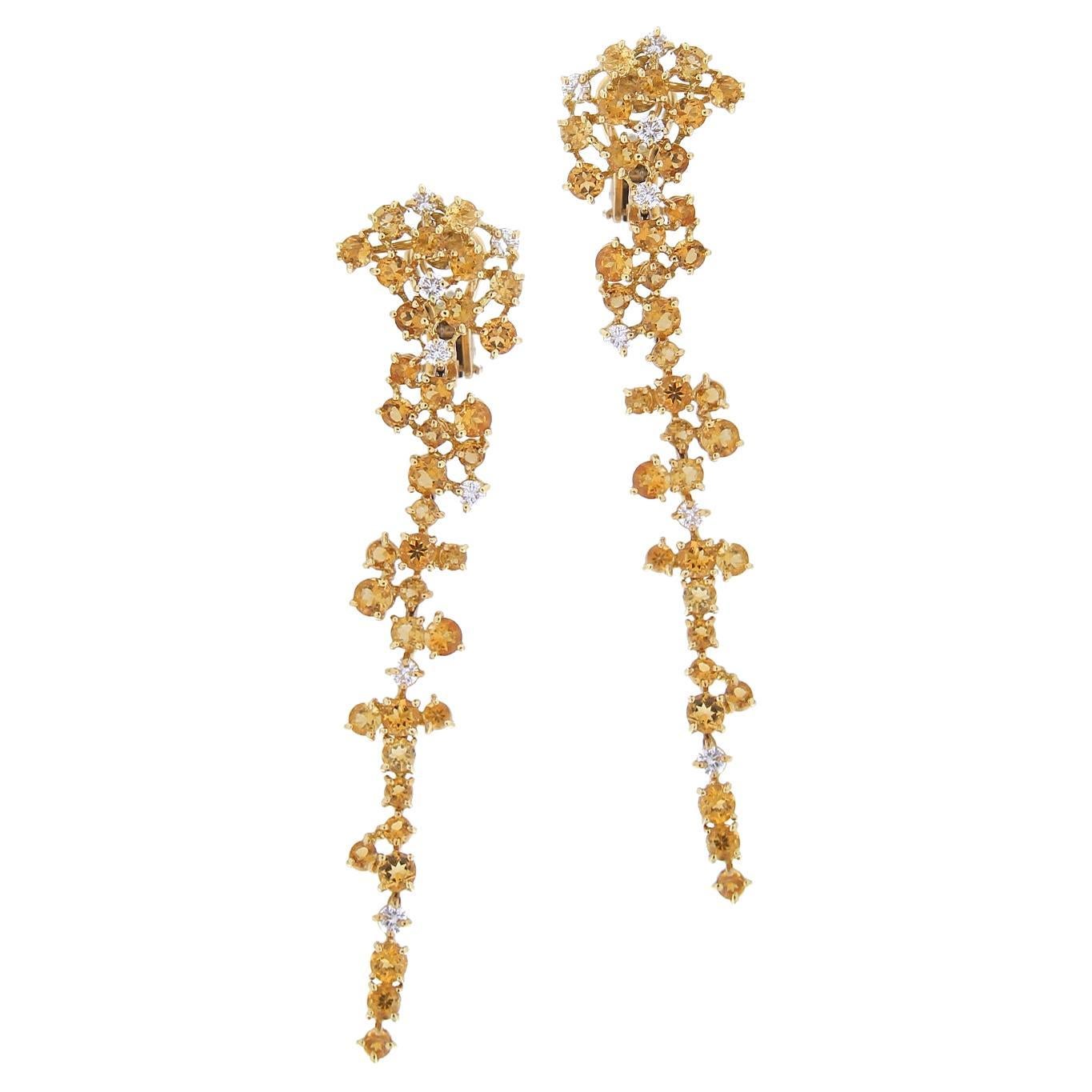 18 Karat Yellow Gold Dangling Earrings Yellow Topazes & White Diamonds For Sale