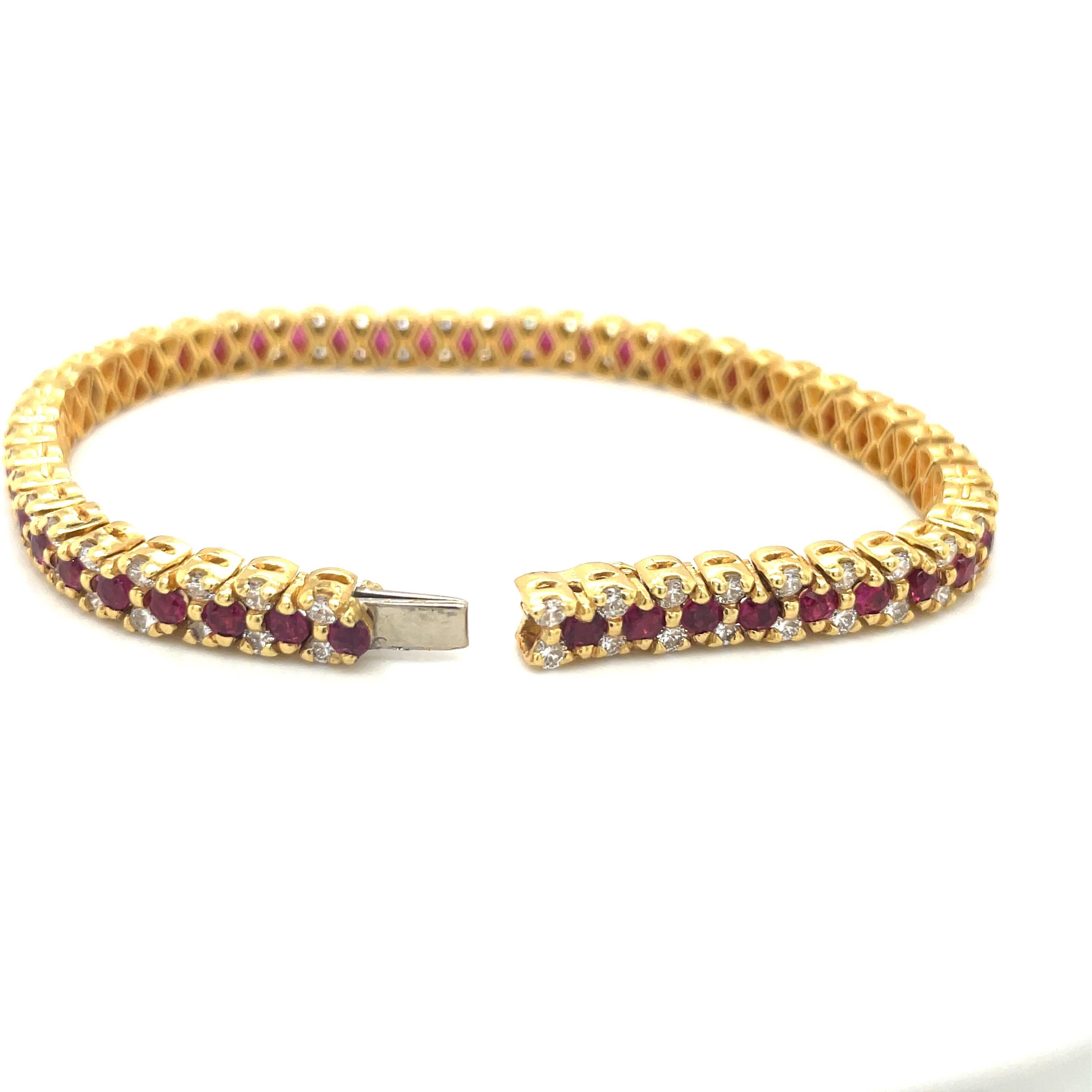 Contemporary 18KT Yellow Gold Diamond 3.24Ct. & Ruby 5.18Ct. Tennis Bracelet For Sale