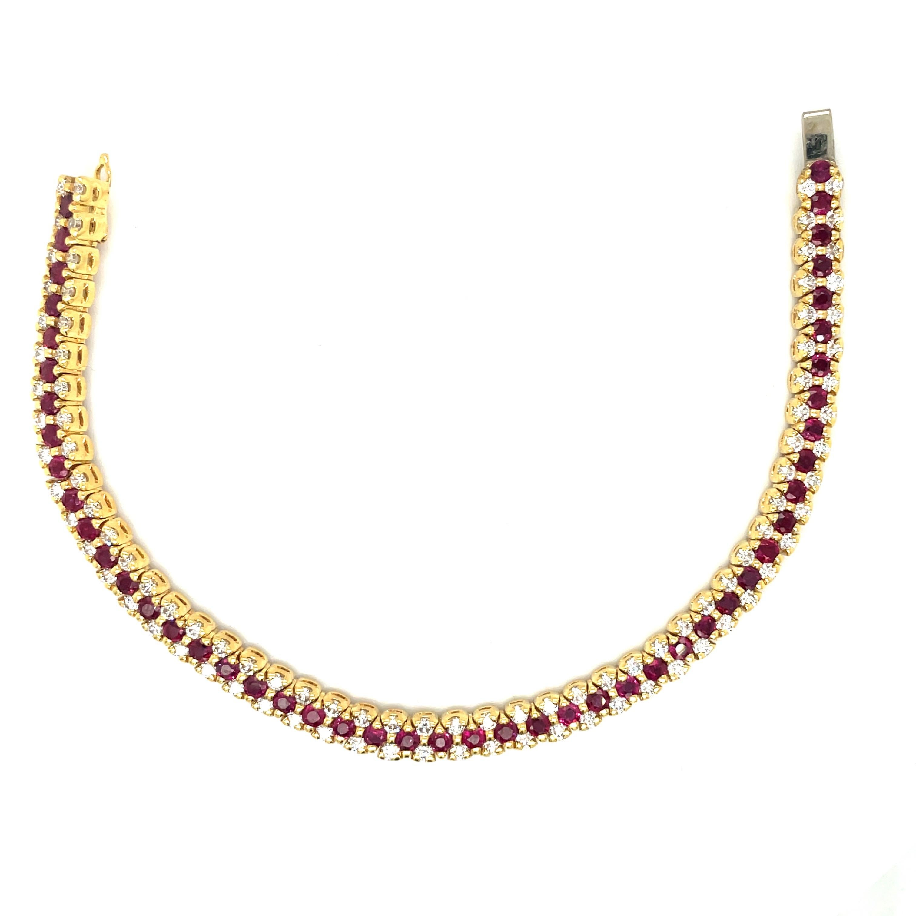 Round Cut 18KT Yellow Gold Diamond 3.24Ct. & Ruby 5.18Ct. Tennis Bracelet For Sale