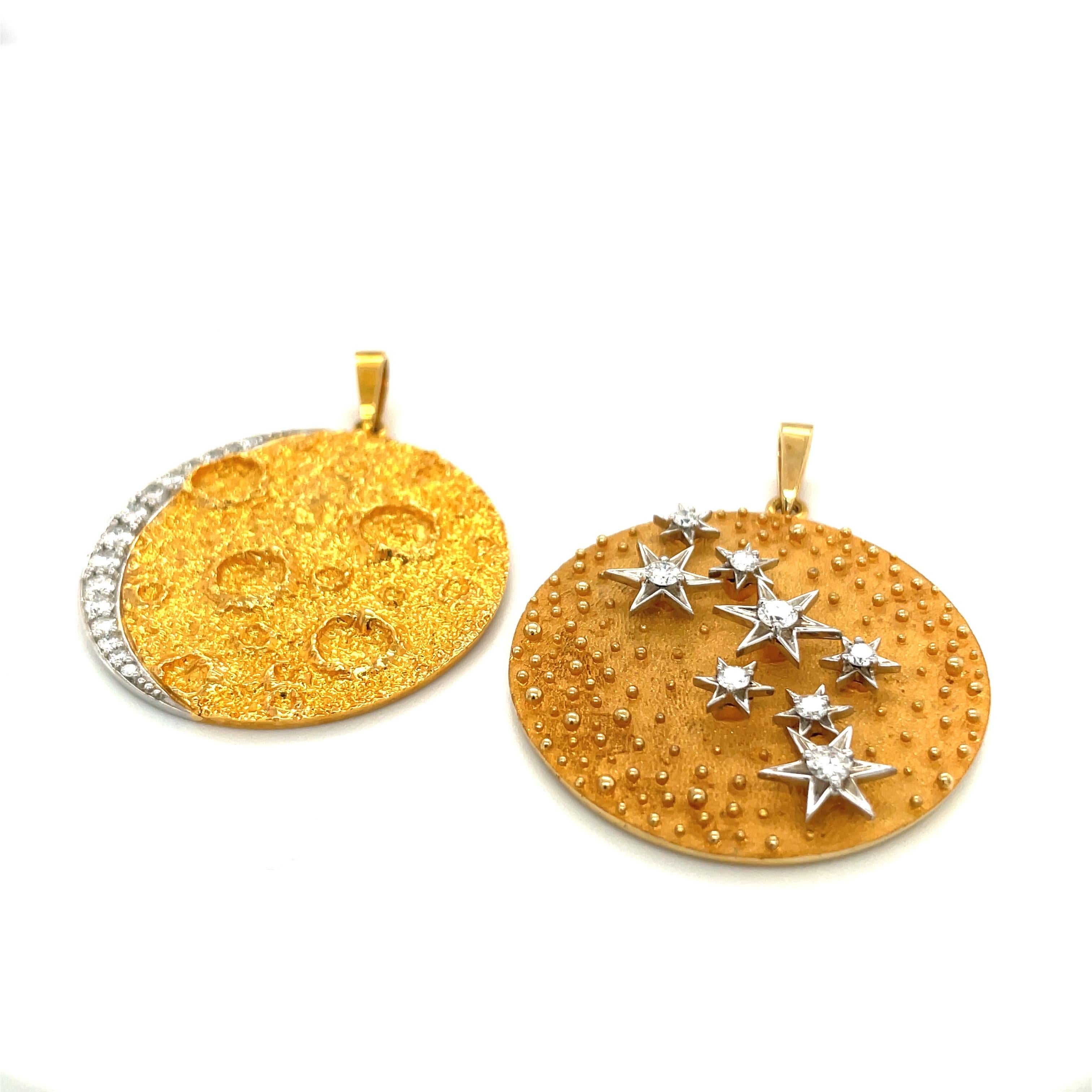 This 18 karat yellow gold pendant is designed with a sandblasted finish. Eight lucky white gold stars, each with a round brilliant diamond center are in a raised three dimensional setting . The round pendant measures 1-3/8