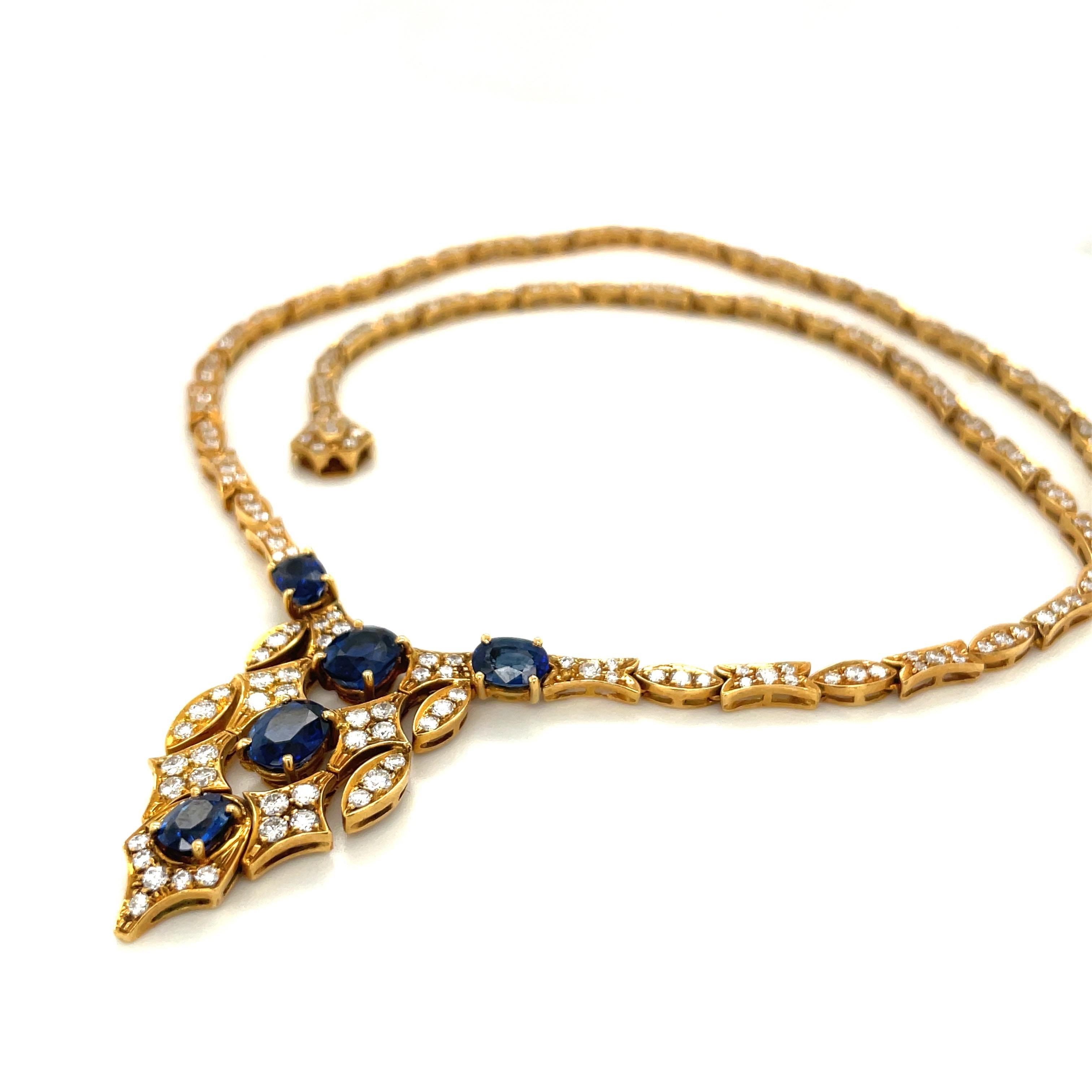 18kt Yellow Gold Diamond 4.24ct & Blue Sapphire 5.54c. Classic Necklace In New Condition For Sale In New York, NY