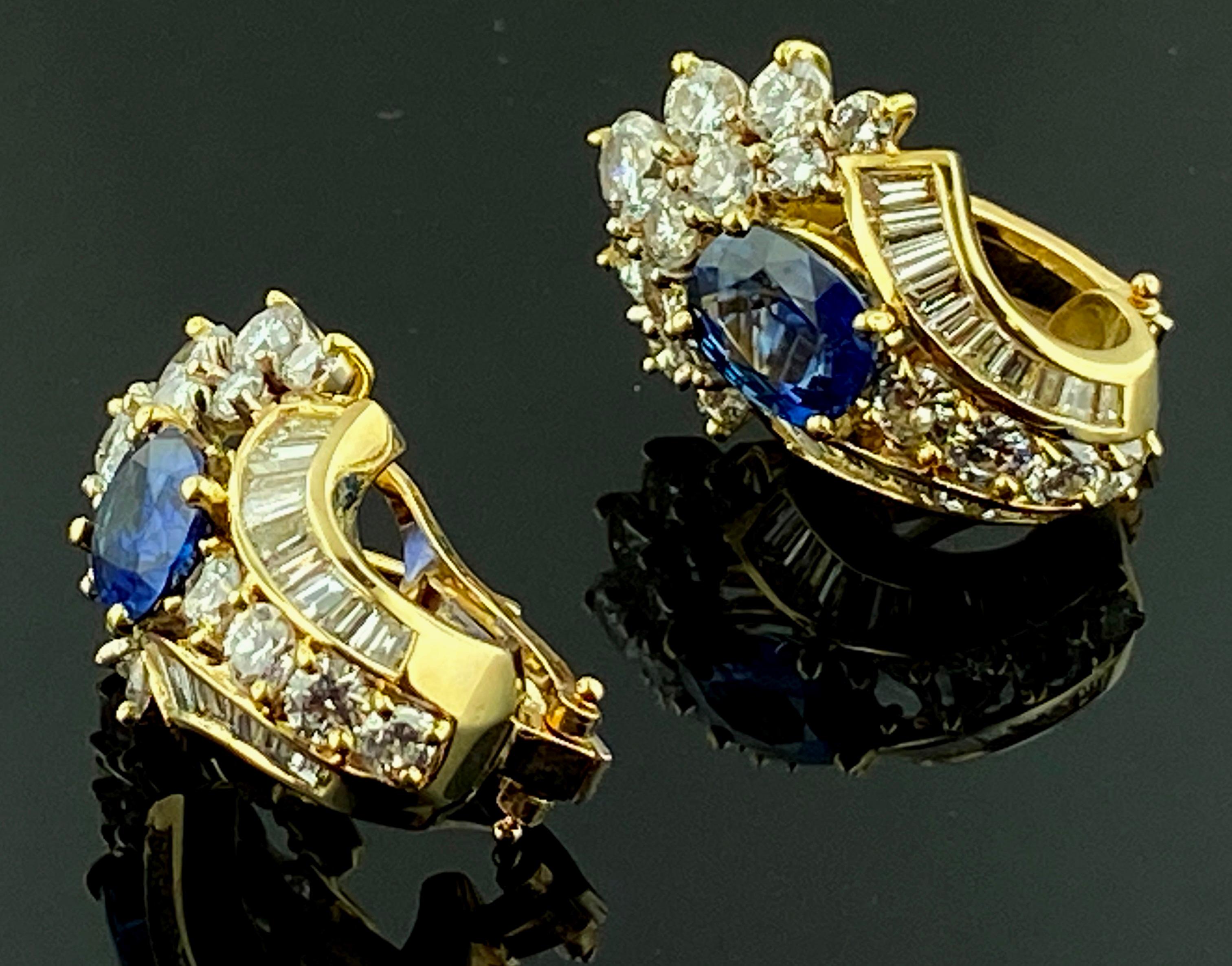 Oval Cut 18 Karat Yellow Gold Diamond and Blue Sapphire Earrings For Sale