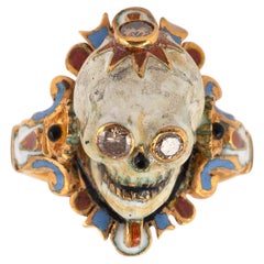 18kt Yellow Gold Diamond and Enamel Skull Ring by Codognato