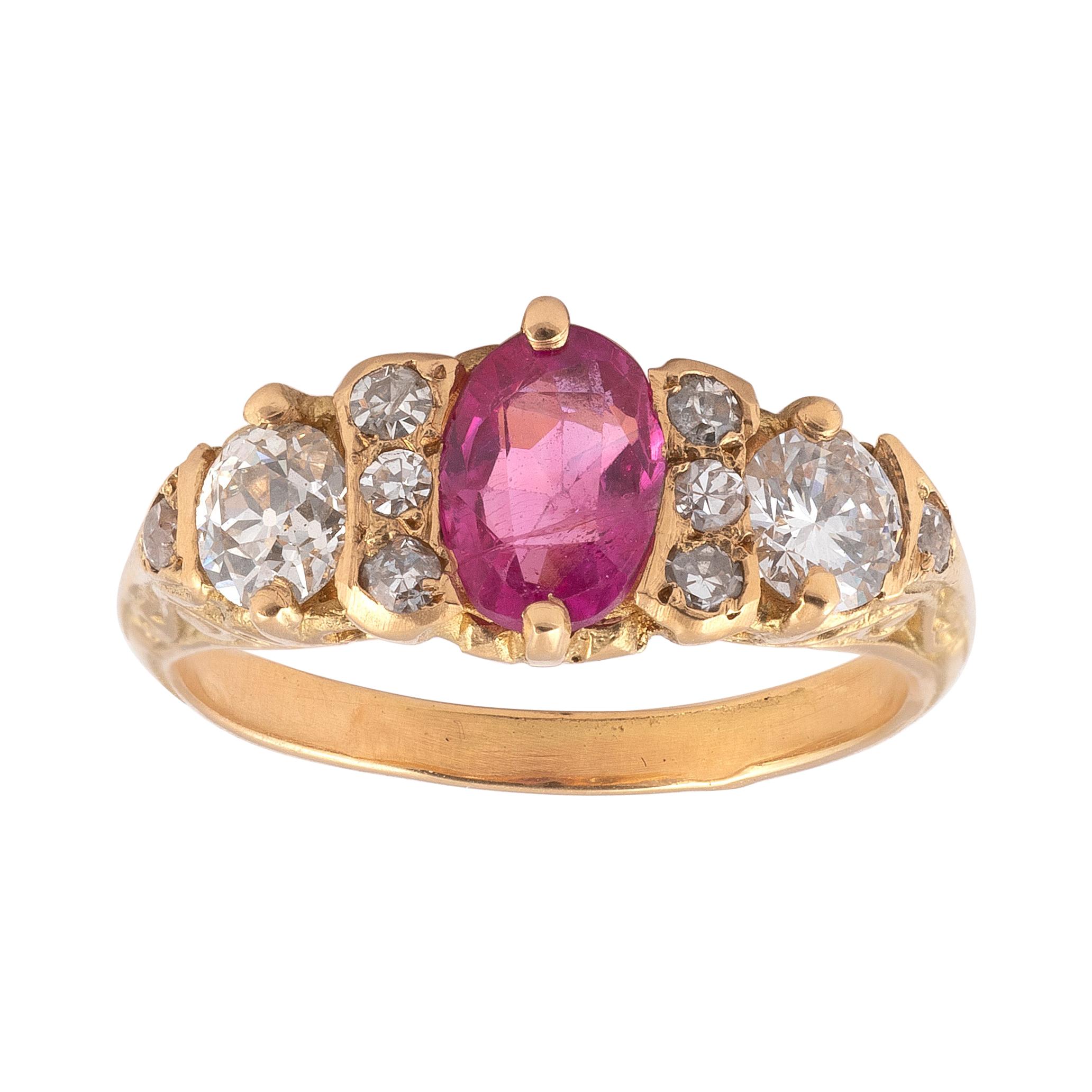 Victorian 18kt Yellow Gold Diamond and Pink Sapphire Band Ring