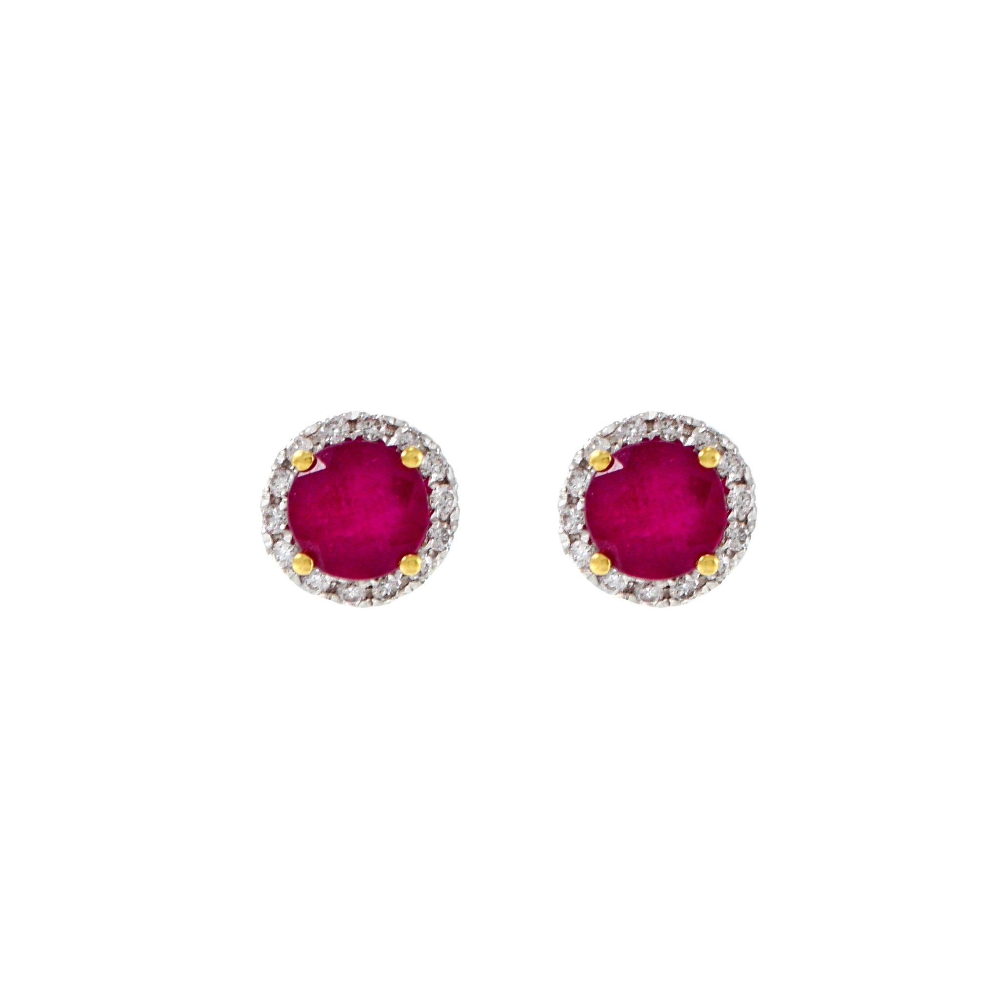 18KT yellow gold earrings with 0.14CT-TW round brilliant cut diamonds with a 1.21CT-TW round ruby center. These earrings combine the luxurious shimmer of 18KT yellow gold with the timeless sophistication of diamonds and rubies. High precision