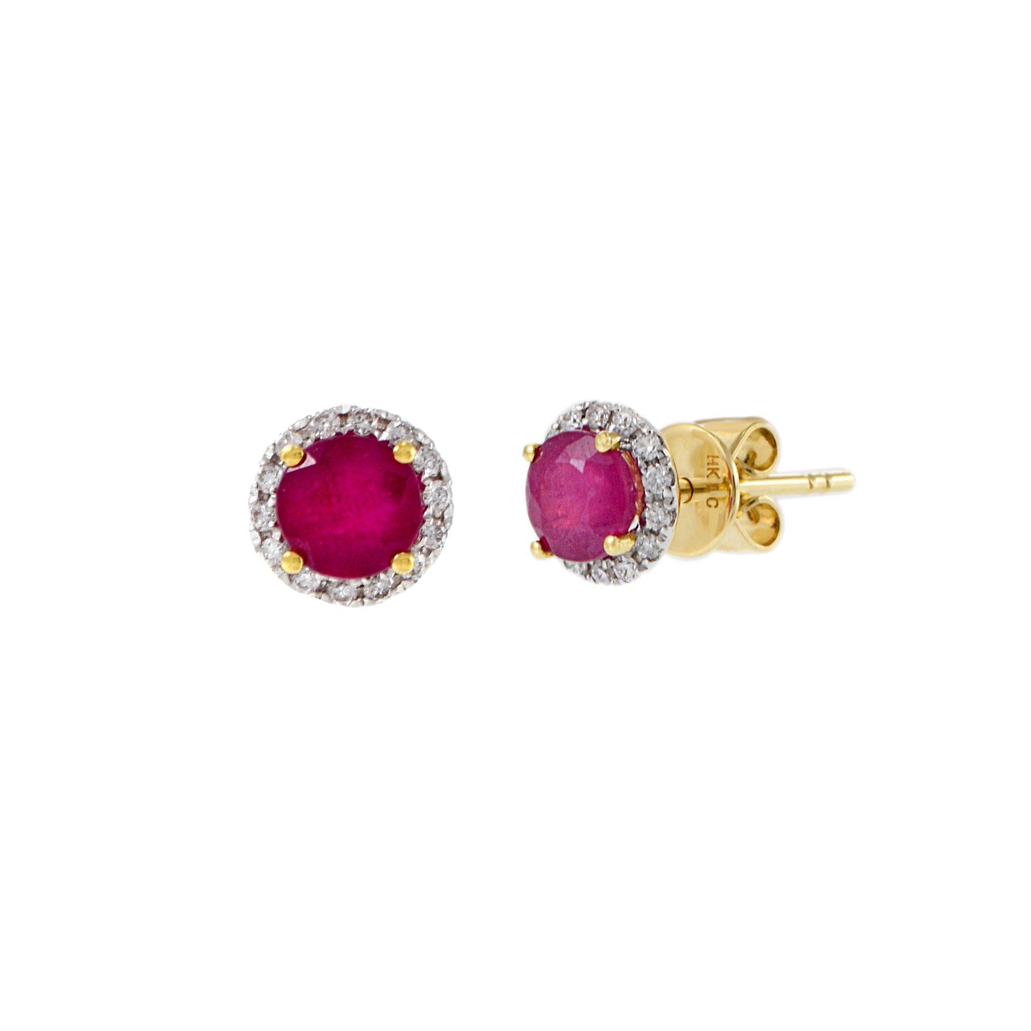 Round Cut 18KT Yellow Gold Diamond And Ruby Center Earrings For Sale