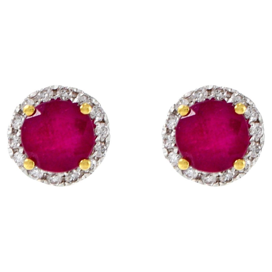 18KT Yellow Gold Diamond And Ruby Center Earrings For Sale