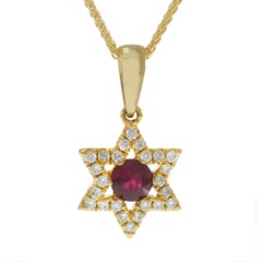 18KT Yellow Gold Diamond and Ruby Star of David Pendant