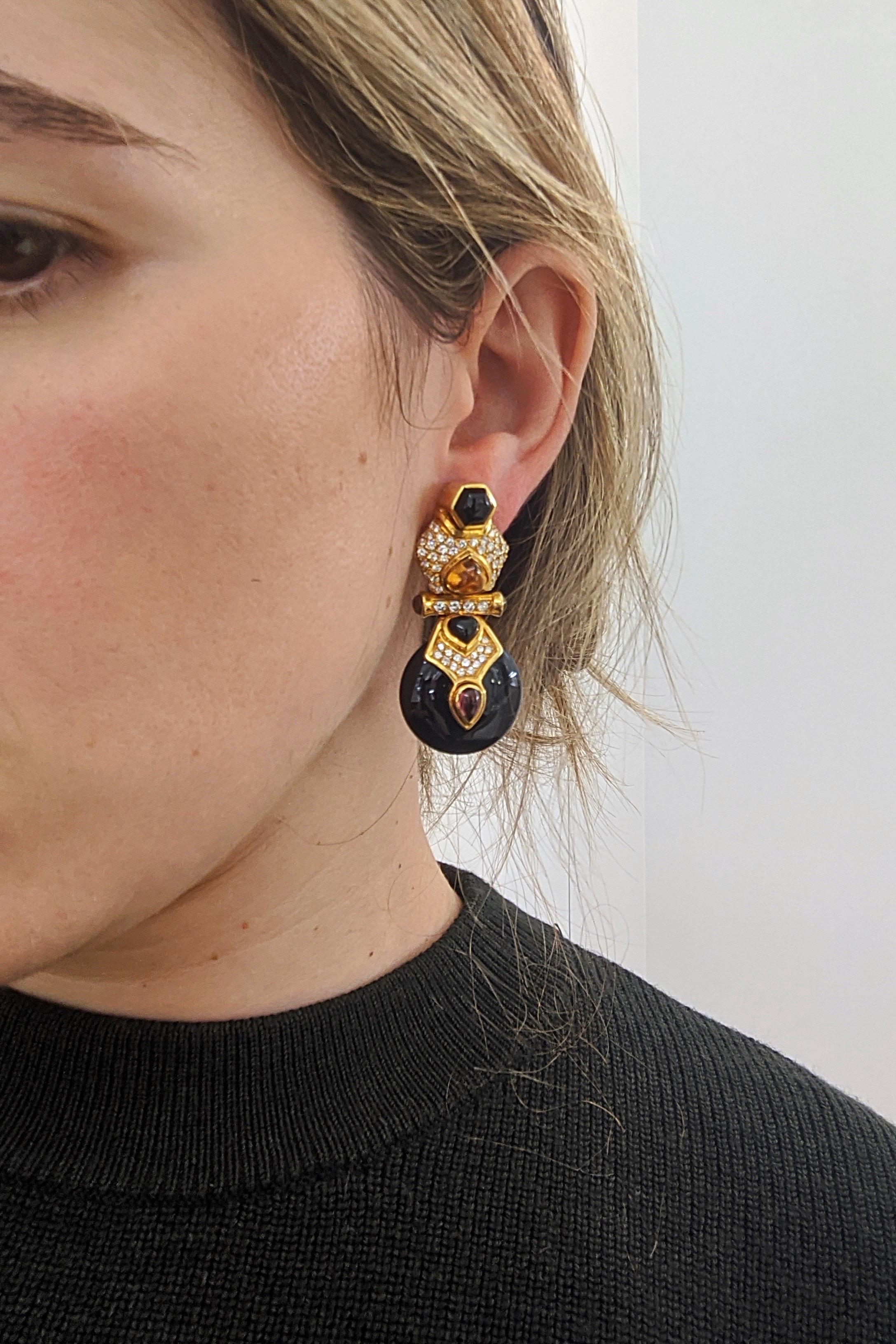 Round Cut 18 Karat Yellow Gold Diamond, Citrine, Pink Tourmaline and Onyx Hanging Earrings For Sale